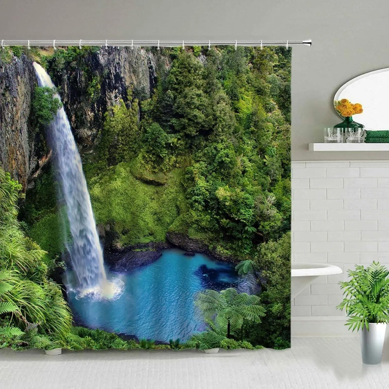Rideau de douche 130x140cm anti-moisissure au motif de plantes