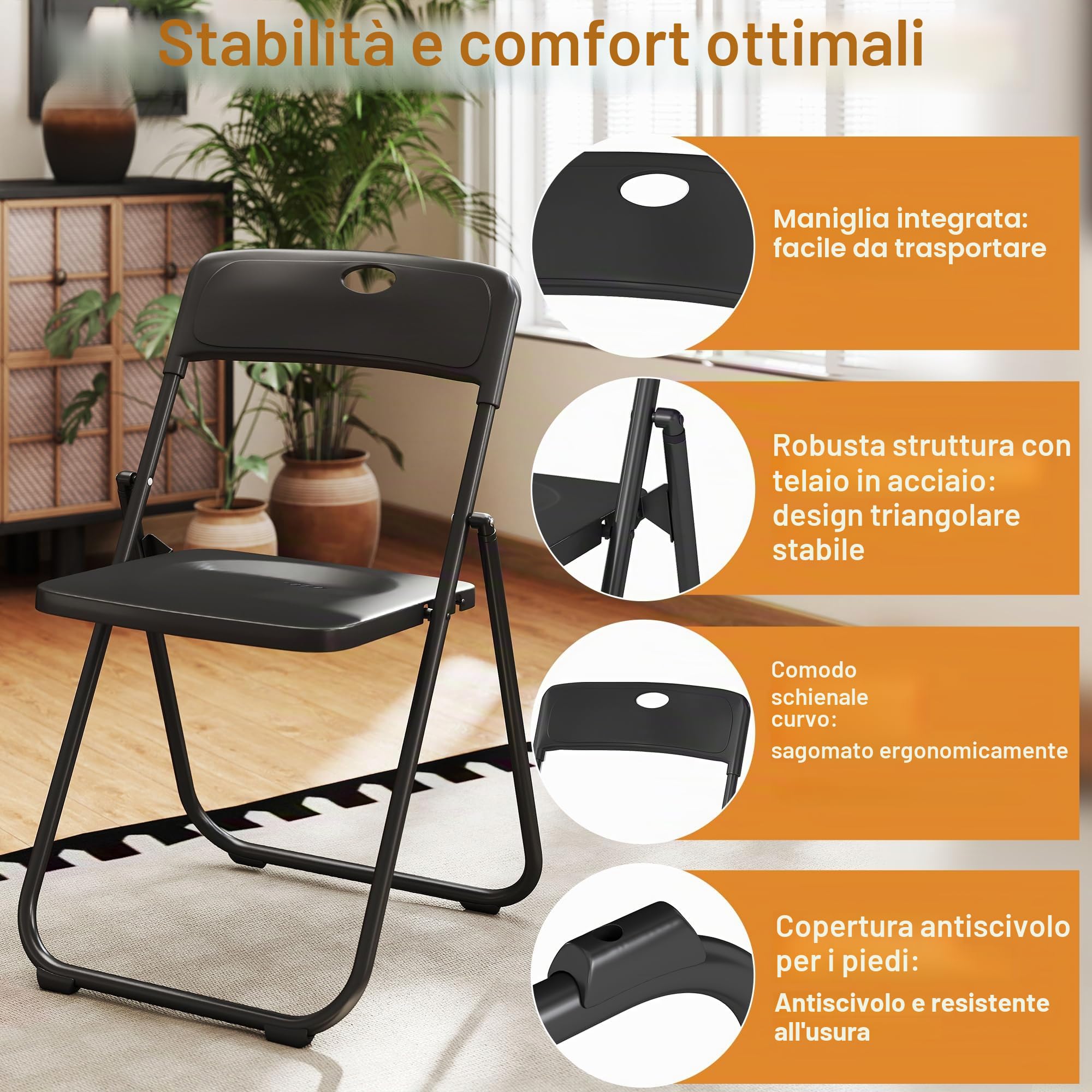 Sedie Pieghevoli di Plastica con Robusto Telaio in Acciaio, Portata Fino a 160 kg, Sedia Pieghevole per Soggiorno, Esterno, Campeggio, Balcone, Cucina, Ufficio, Set di 6, Nero