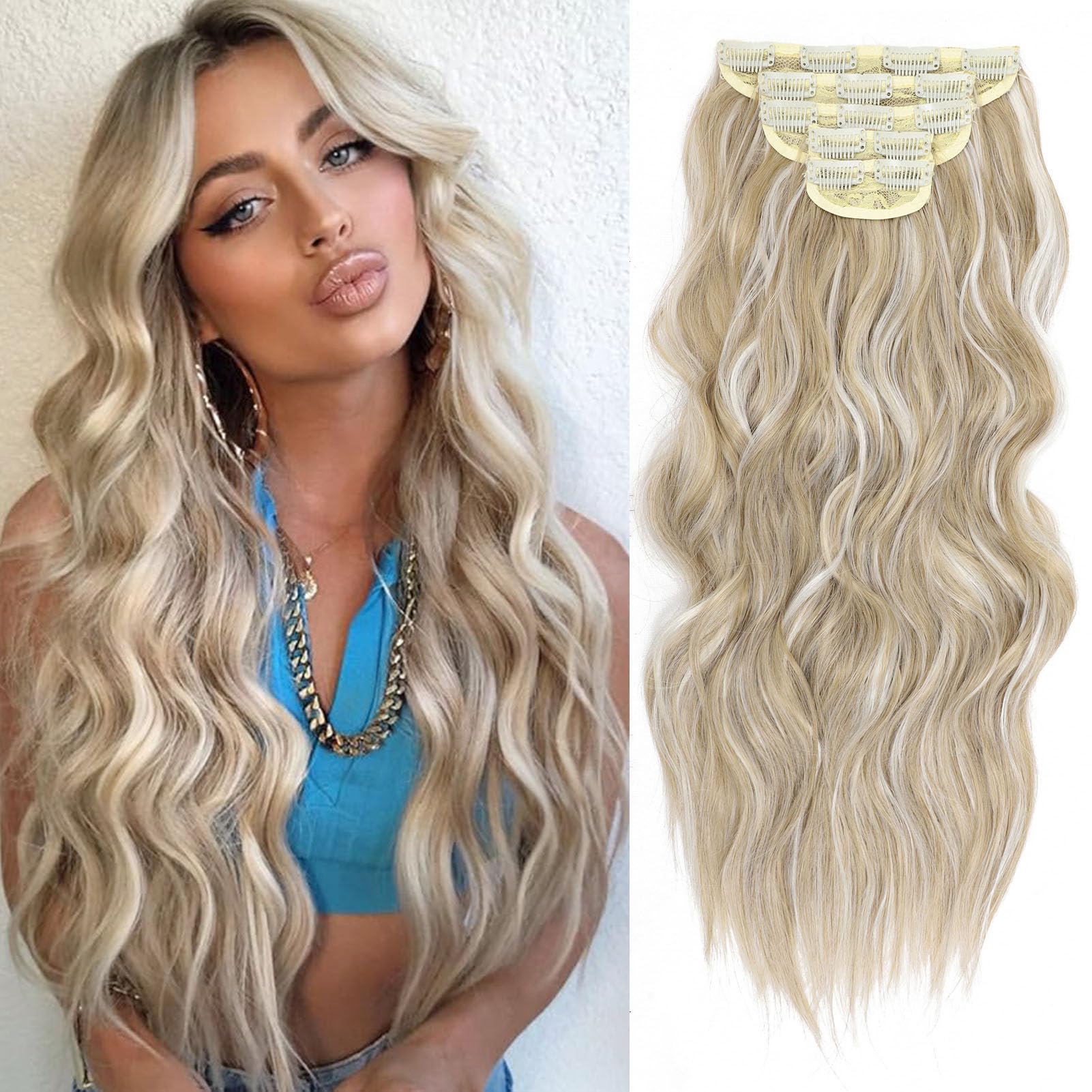 WOKAA Long Wavy Synthetic Clip in Hair Extensions 20 Inch Ash Golden Blonde mix Platinum Blonde 5PCS Soft Hairpieces Thick Hair Extensions for Women
