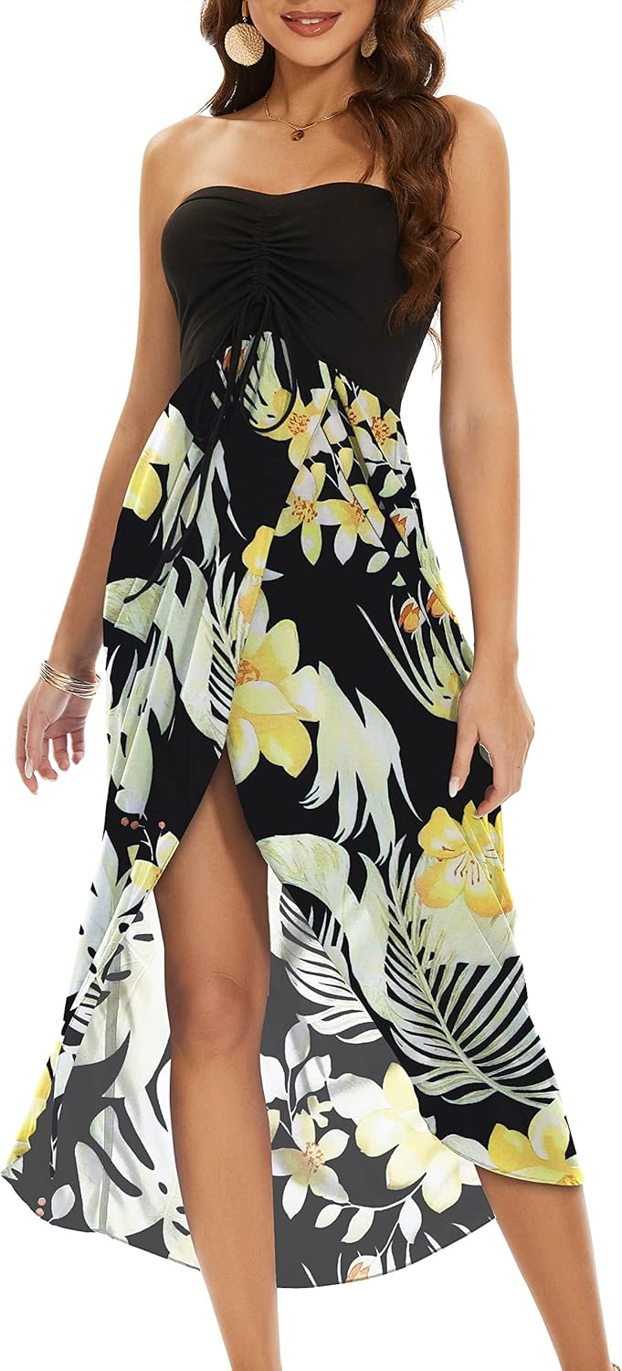 Women's Beach Dress Summer Maxi Sundress Strapless Hawaiian Cover Ups Asymmetrical Wrap Dresses