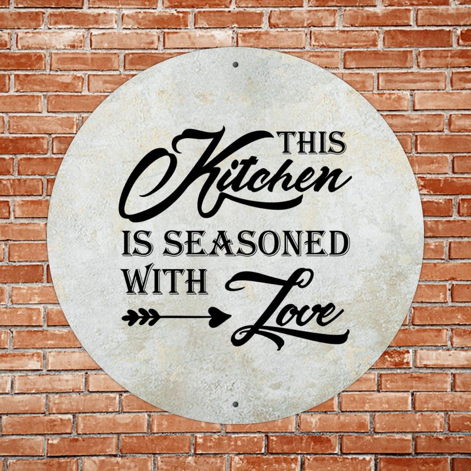 This Kitchen Is Seasoned with Love Round Vintage Metal Sign 12x12in Modern Waterproof Easy Mounting Aluminum Tin Signs for Indoor & Outdoor Front Door Welcome Home Decoration Wall Art Poster