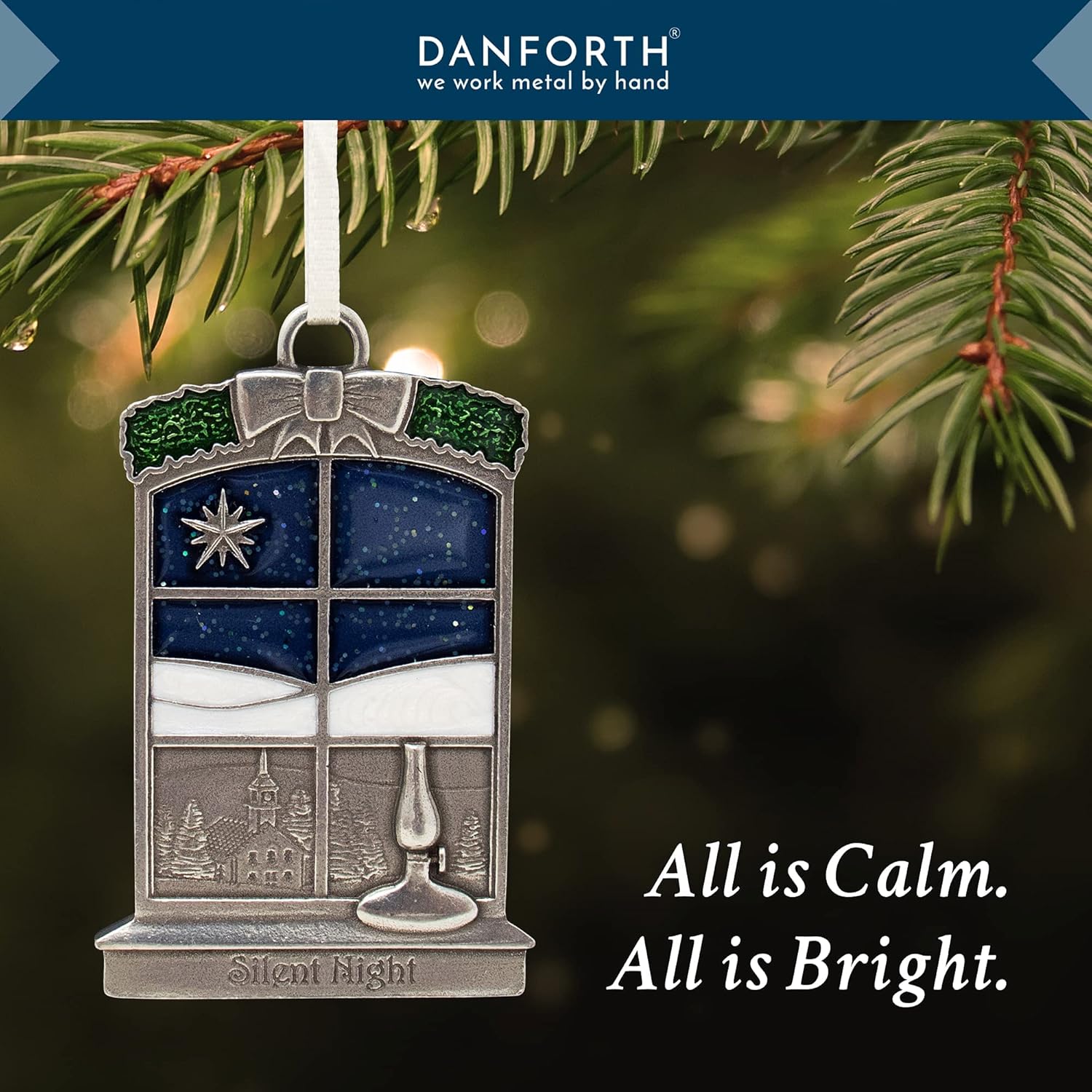 Danforth Silent Night Christmas Ornament – Handcrafted Pewter Christmas Tree Ornament – Satin Cream Ribbon, 1 3/4" Wide x 2 3/8" Tall, Made in USA