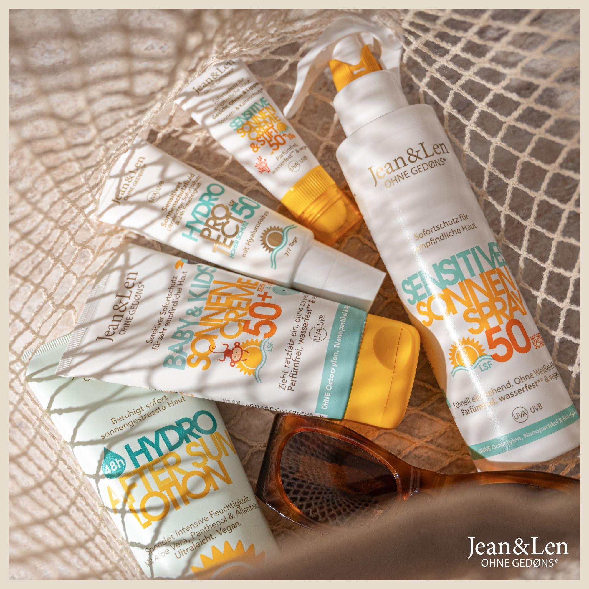 Jean & Len Sensitiv Sonnencreme Baby & Kids 50+ LSF, parfümfrei, wasserfest, für empfindliche Kinderhaut ab 6 Monaten, ohne Octocrylen & Duftstoffe, vegan, Kindersonnencreme, 100 ml