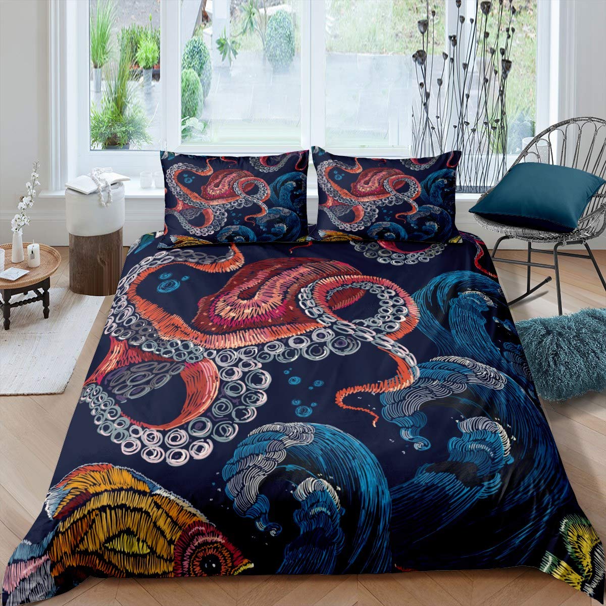 Octopus Print Bedding Set for Boys Children Teens Adults Ocean Kraken Comforter Cover Wave Pattern Duvet Cover Room Decor Sea Octopus Tentacles Bedspread Cover King Size Bedding Collection 3Pcs-image-24
