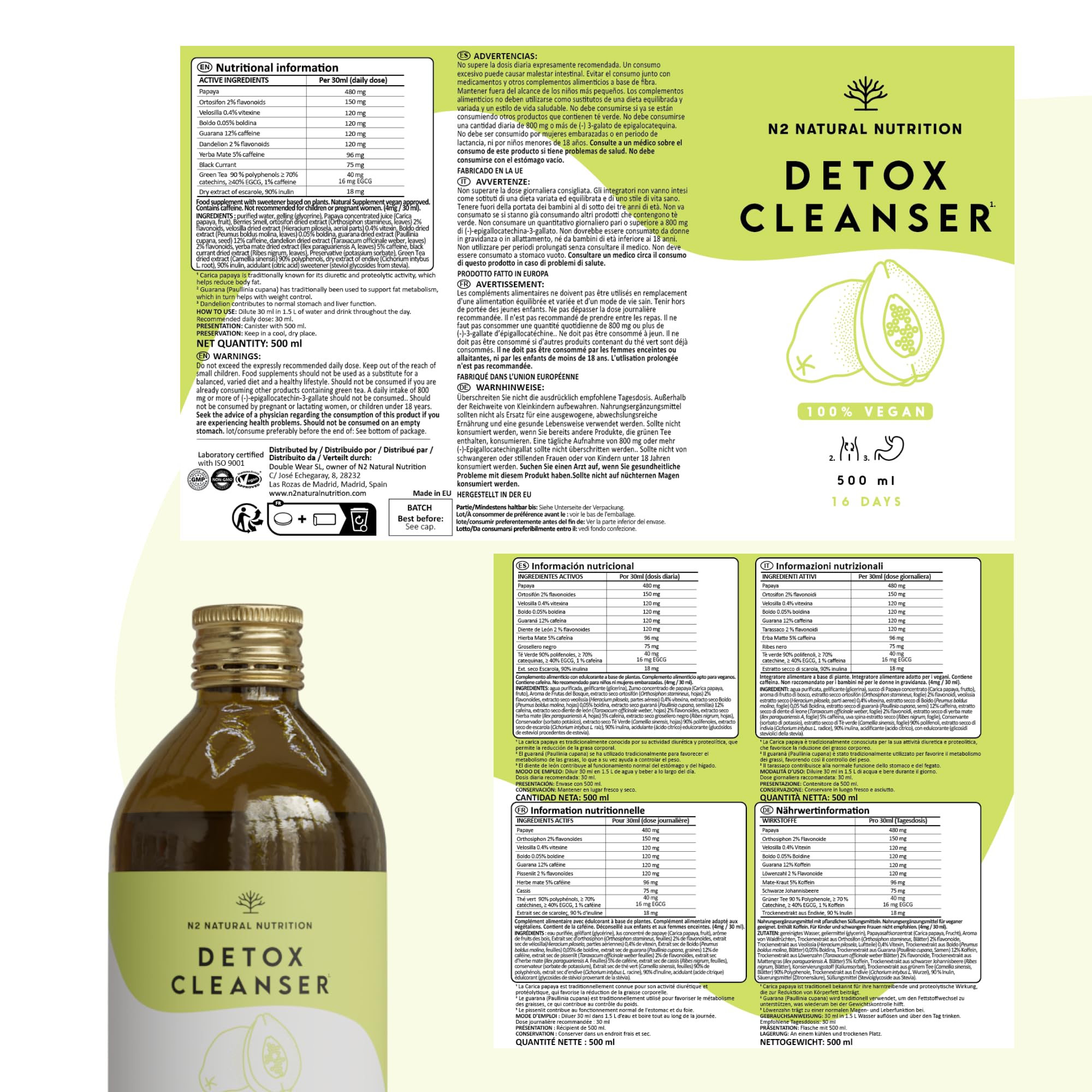 N2 Natural Nutrition. DETOX, Formula liquida Tè Verde, Tarassaco, Guaranà, Papaya, 500 ml. Con Tè di Giava, Mate, Ribes Nero, Rabarbaro. VEGANO. CE.