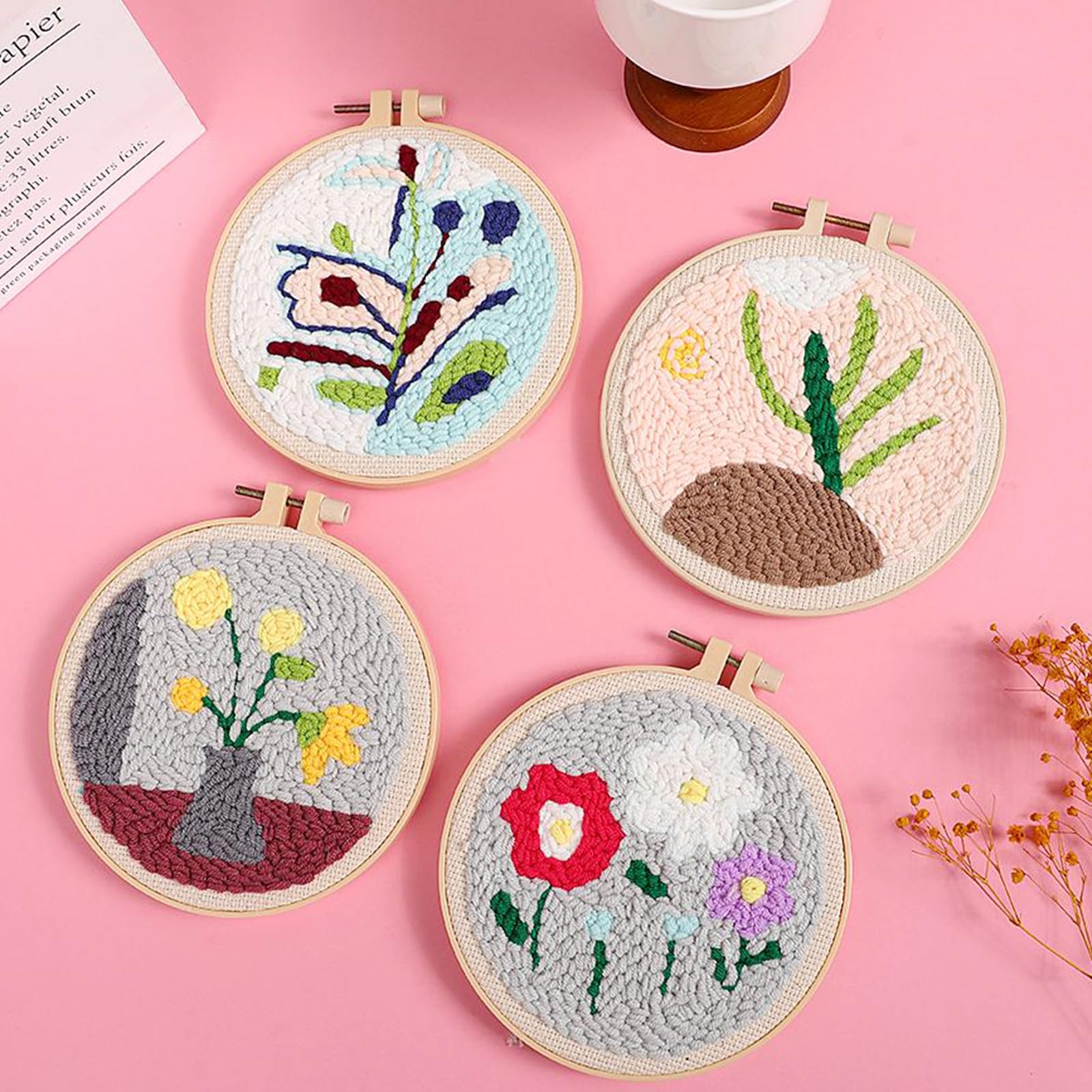 Allazone 4 Punch Needle Starter Kit, Kit di Ricamo per Aghi da Punzonatura con Motivo e Lstruzioni, Set da Ricamo per Principianti e Adulti, Piante e Fiori