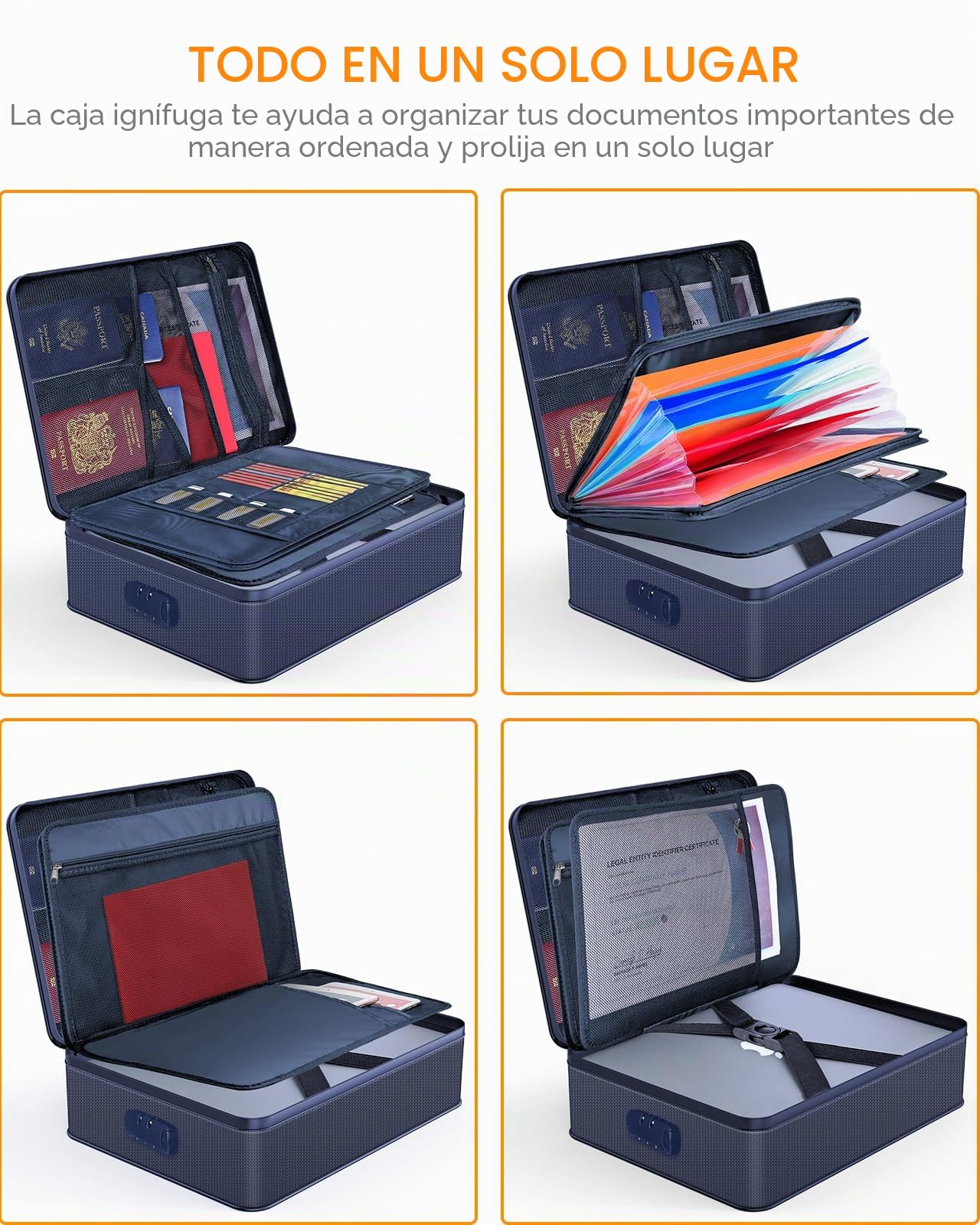 JUNDUN Organizador de documentos, portadocumentos ignífugo con cerradura, caja de almacenamiento de 7 compartimentos, organizador de archivos, portadocumentos portátil para documentos importantes