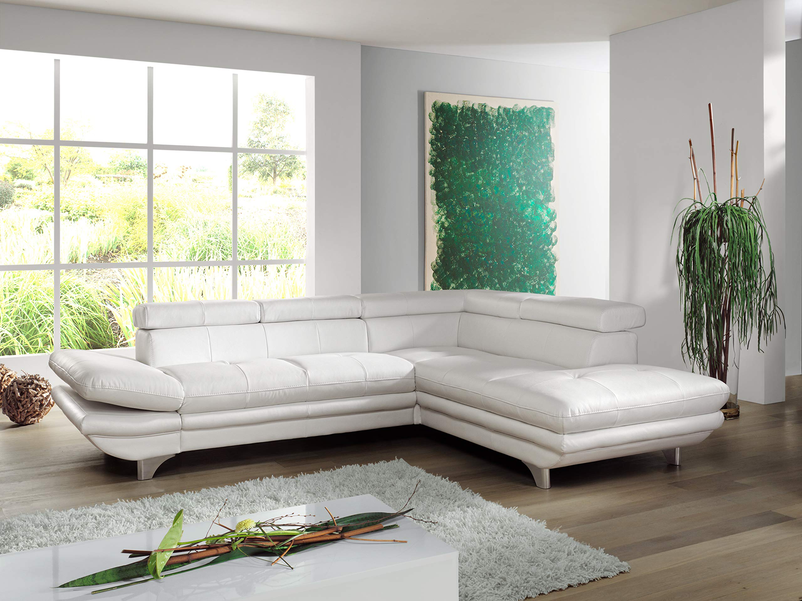 Mivano Ecksofa Enterprise / Trendige Ledercouch in L-Form mit Ottomane rechts / Kopfstützen und Armteil verstellbar / 277 x 75 x 238 / Kunstleder: weiß