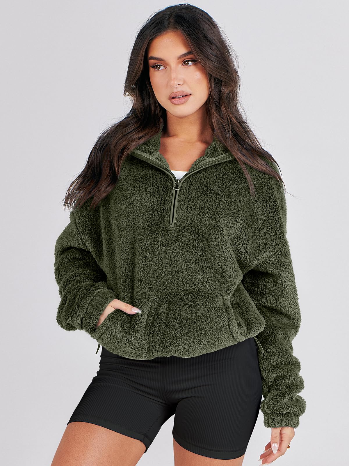 Damskie rozpinane bluzy oversize przycięte bluzy z kapturem na co dzień sweter z polaru topy 2024 moda jesienna, ciemnozielony, XL