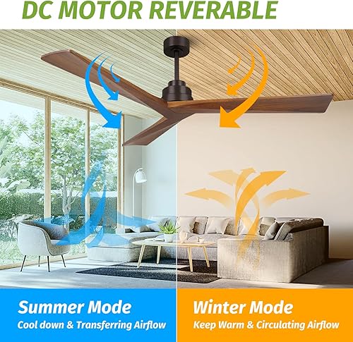 Miniatura 2 de Ventilador de techo de madera de 52 pulgadas sin luz, ventilador de techo para exteriores de 6 velocidades con control remoto, 3 aspas, ventilador