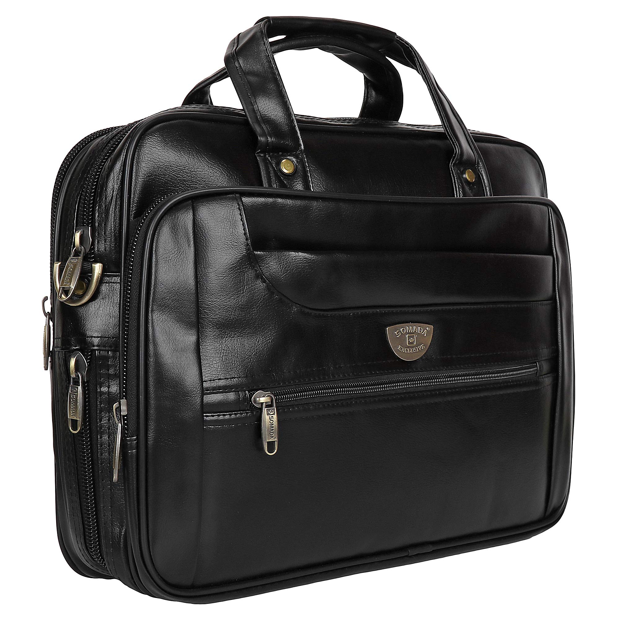 Samoda Artificial Leather PU Black Handmade Cross over Shoulder Messenger Laptop Office Bag for Men and Women