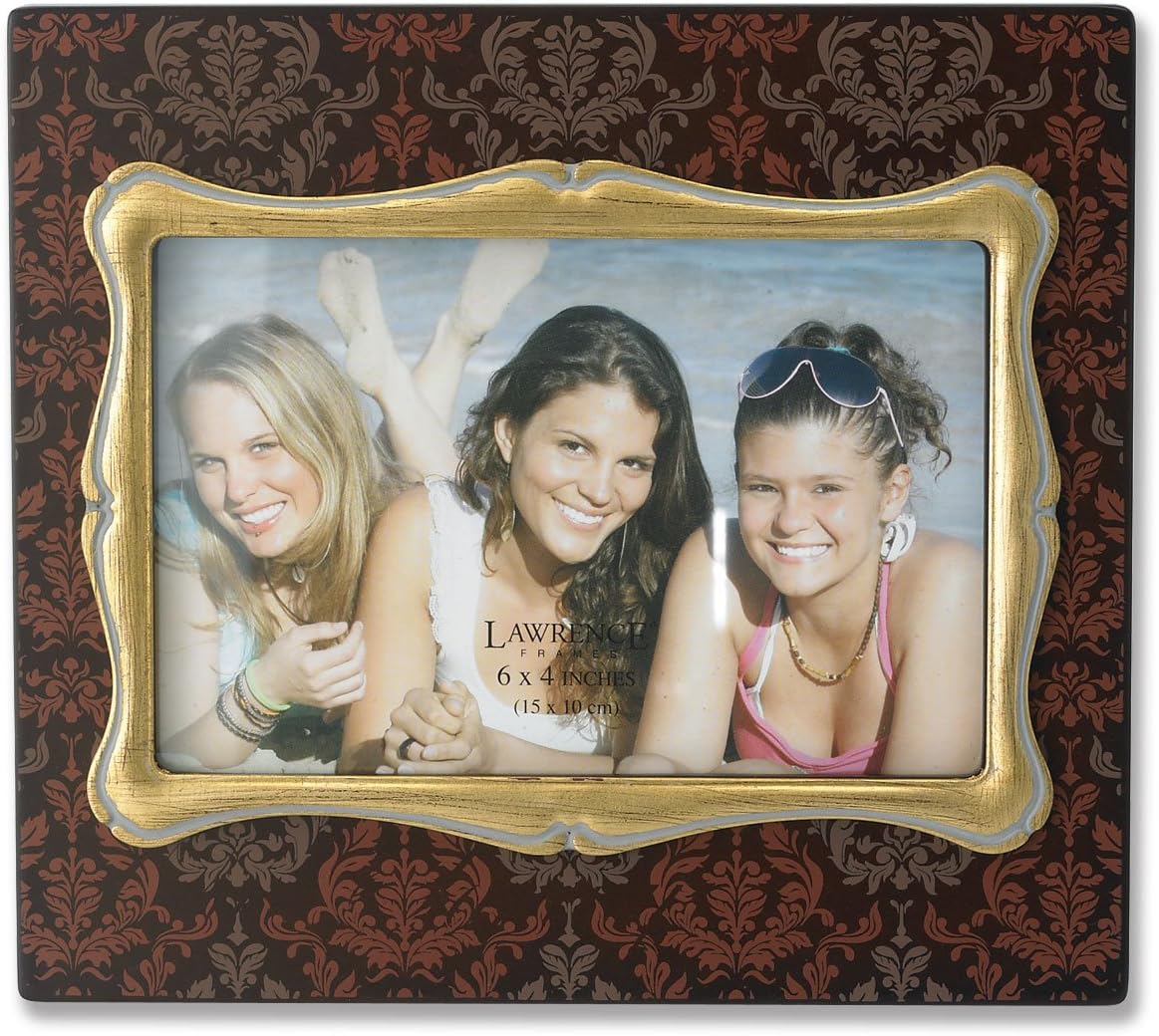 Lawrence Frames 4 by 6-Inch Brown Wood Picture Frame with Damask Pattern and Gold Inner Frame