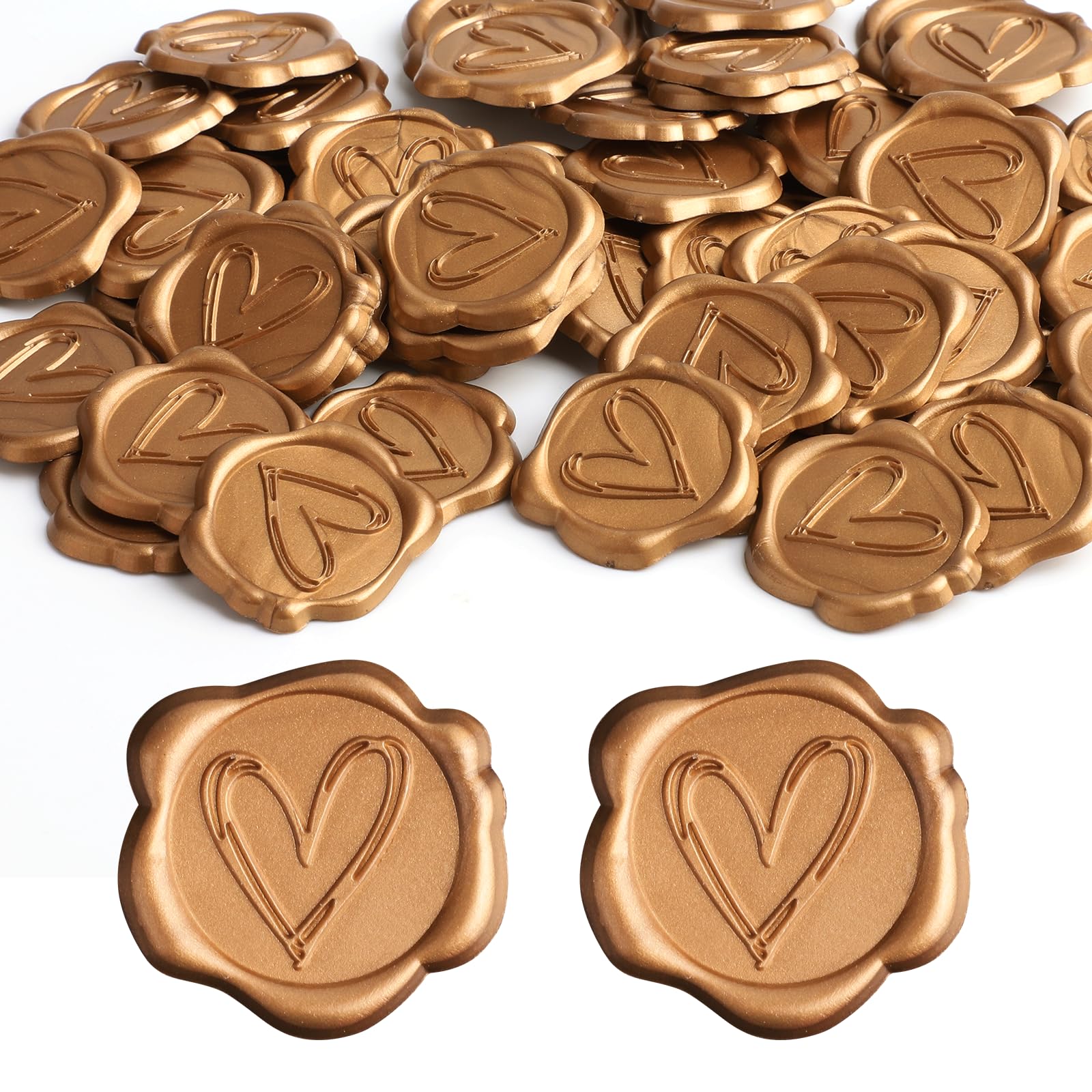 HotoPink 50 Pcs Gold Wax Seal Stickers, Self-Adhesive Heart Embossed Envelope Stamp Wax Seal Stickers for Christmas Valentine's Day Wedding Party Invitations Gift Wrap Scrapbooking DIY Projects