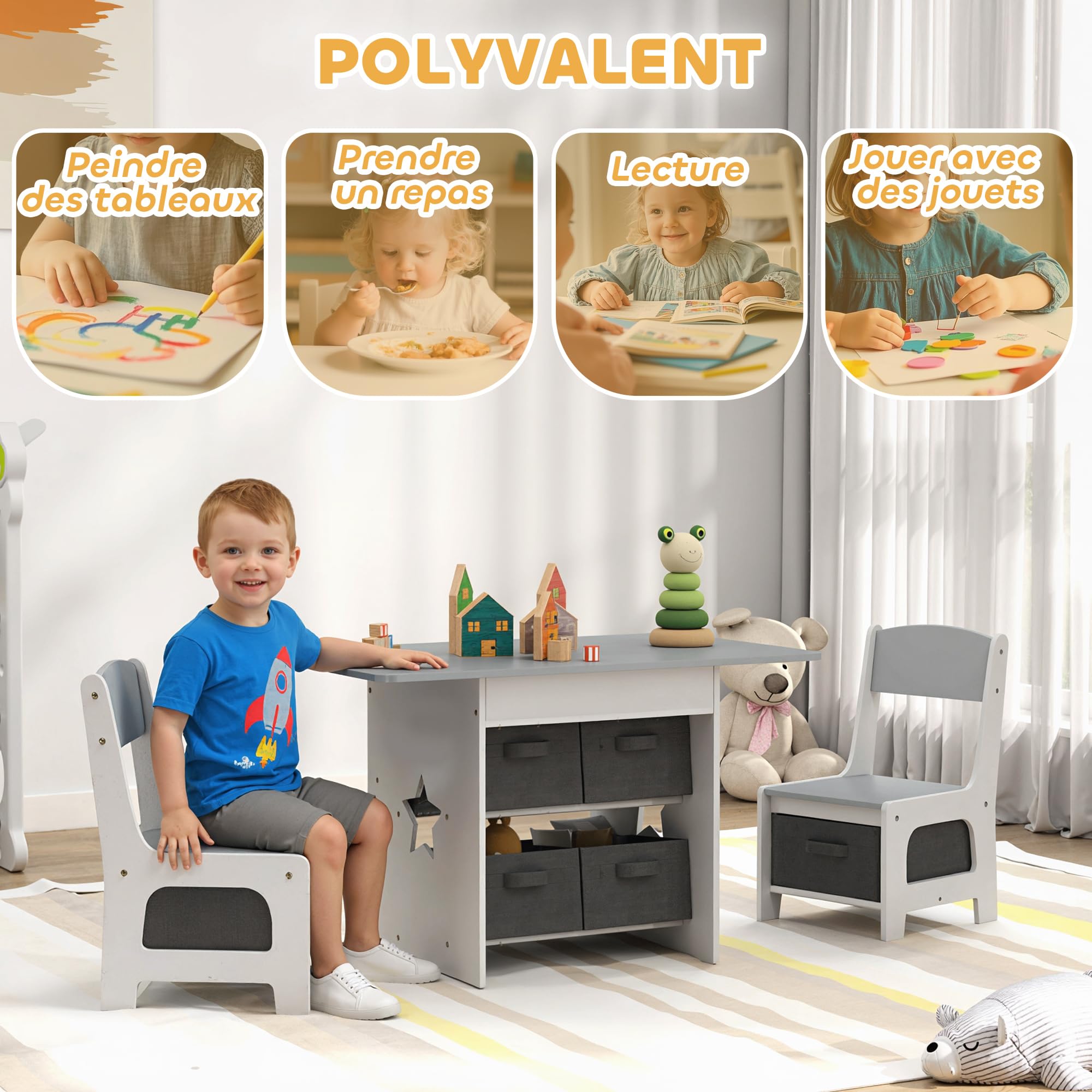 AIYAPLAY Table Enfant avec Chaise, Ensemble Table et 2 chaises Enfant pour Dessiner, Jouer, étudier avec 6 tiroirs Amovibles, pour Fille garçon 3-8 Ans, Gris Clair