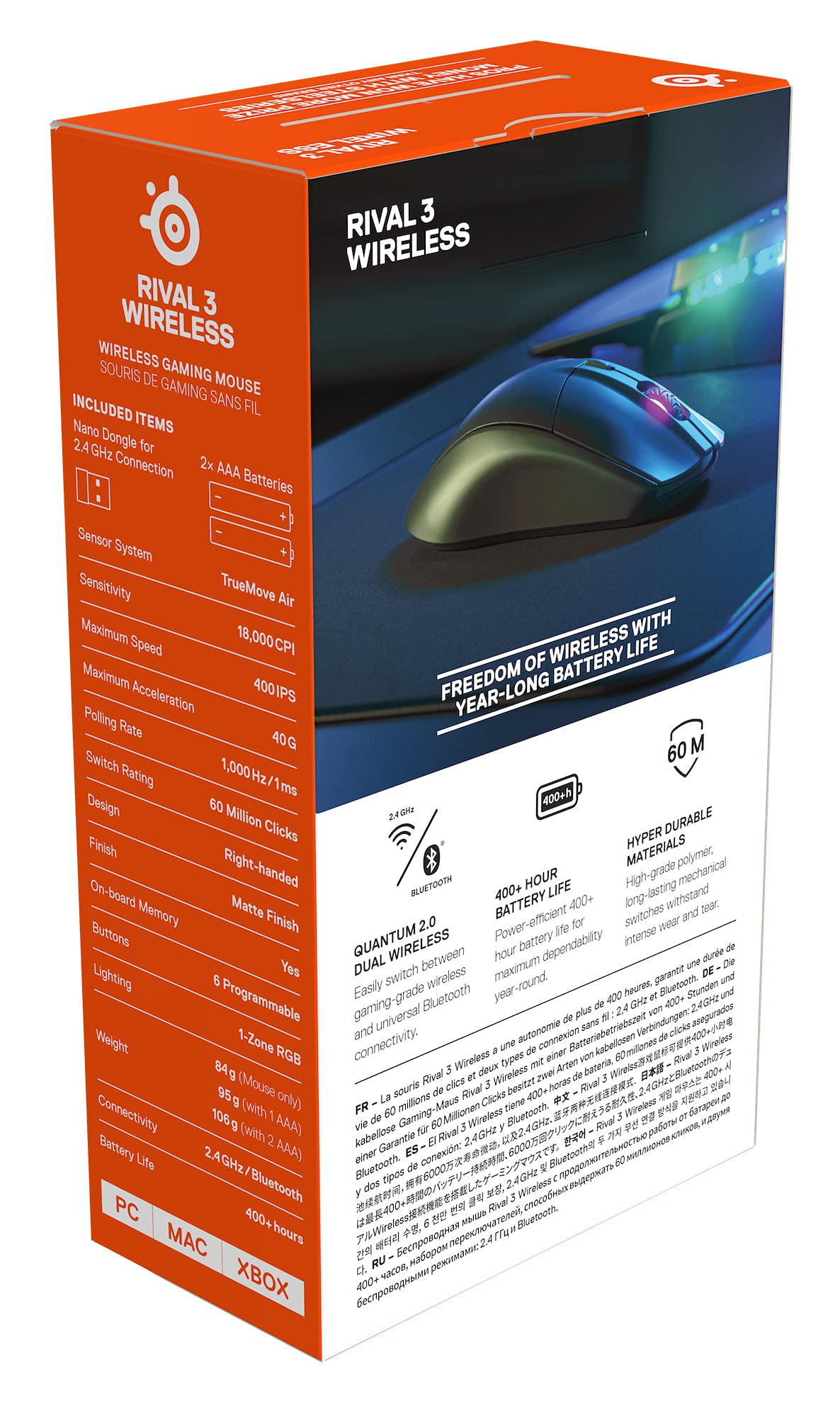 SteelSeries Rival 3 Wireless - Souris Gamer - Plus de 400 Heures d'autonomie - Dual Wireless 2,4 GHz et Bluetooth 5.0-60 Millions de clics Noir