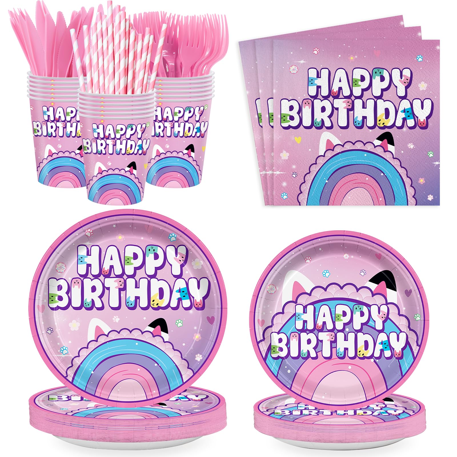 168pcs Dollhouse Birthday Party Decorations for kids Party Supplies Set Includes Plates, Napkins, Cups, Forks, Knives, for Kids 24 Guests