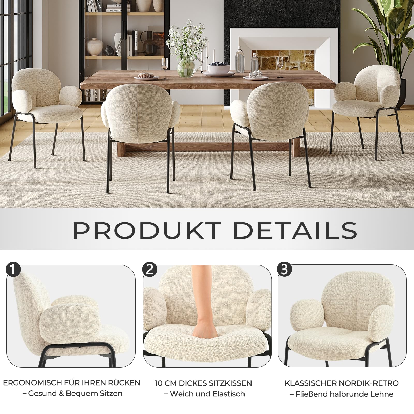 Lot de 6 chaises de Salle à Manger Beige avec accoudoirs - Chaises rembourrées Modernes avec Dossier,Pieds réglables en Hauteur,chaises de Cuisine en Lin pour Salon,Salle à Manger