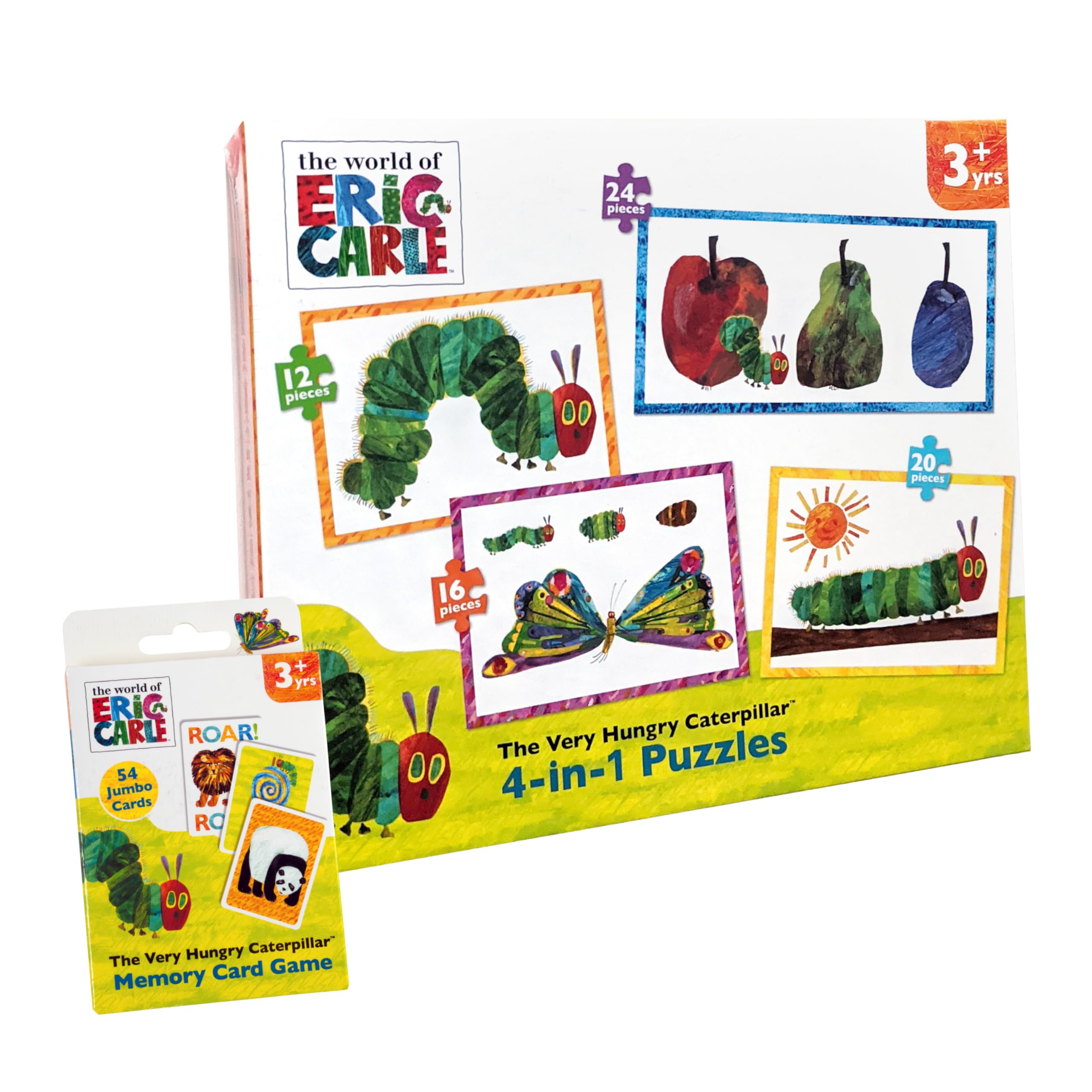 The Very Hungry Caterpillar 4-in-1 Kids Puzzle Set & Memory Card Game Bundle – 12, 16, 20 & 24 Piece Jigsaw Puzzles Plus 54 Card Matching Game – Eric Carle Educational Toy for Toddlers Age 3+
