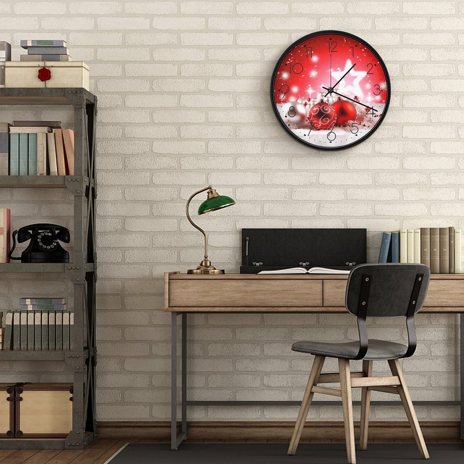 Reloj de pared redondo personalizado con fondo de decoración navideña de 9.8 pulgadas, moderno reloj circular para sala de estar, dormitorio, cocina, oficina, decoración, funciona con pilas