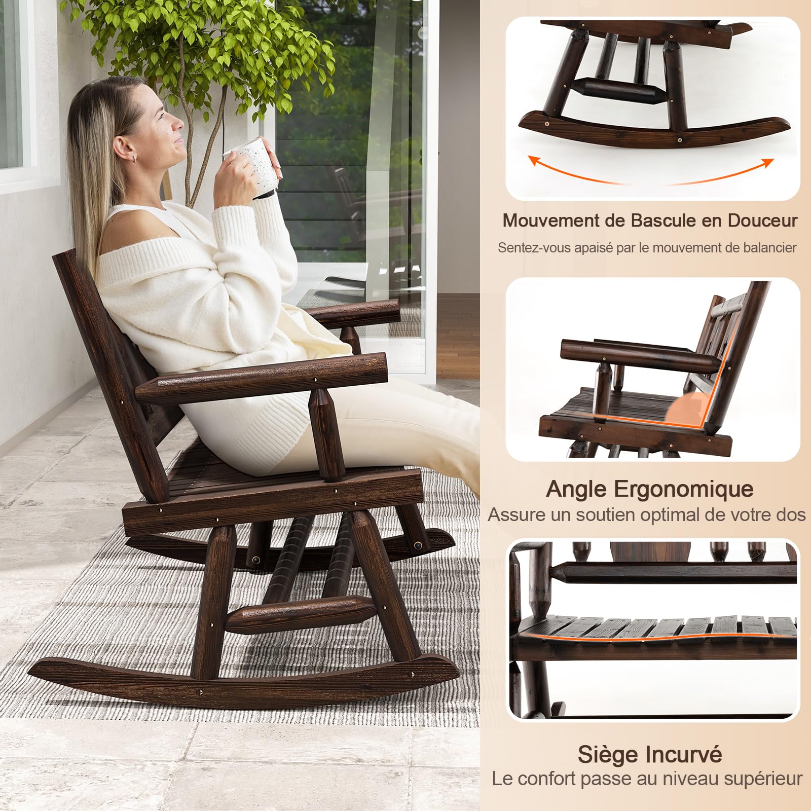 GOPLUS Banco Mecedora Exterior para 2 Personas, Mecedora Doble de Madera Carbonizada con Asiento Curvado, Balanceo de Porche para Jardín, Trasero y Carga 320 kg, Marrón rústico