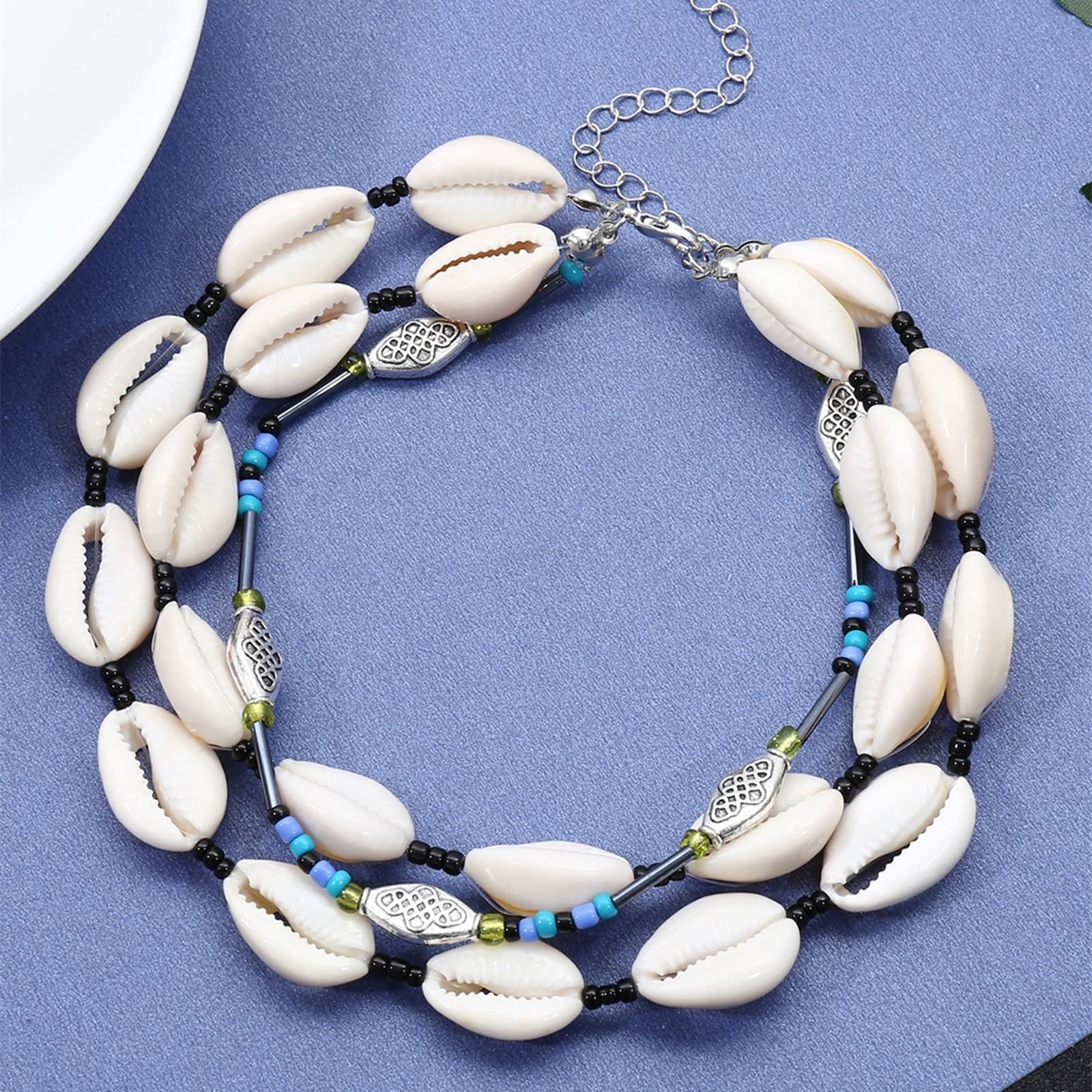 Collares largos de para mujer, capa de plata de 3 conchas y cuentas, collar ajustable para fiesta, aniversario, niñas