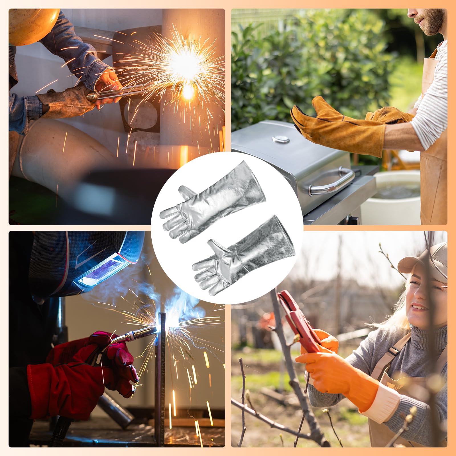 QUARKZMAN 2 Coppie di Guanti da Saldatura Aluminizzati A333-1 16" Guanti da Barbecue Resistenti al Fuoco e al Calore con Maniche Lunghe per Saldatura Camino Forno Cottura Giardino