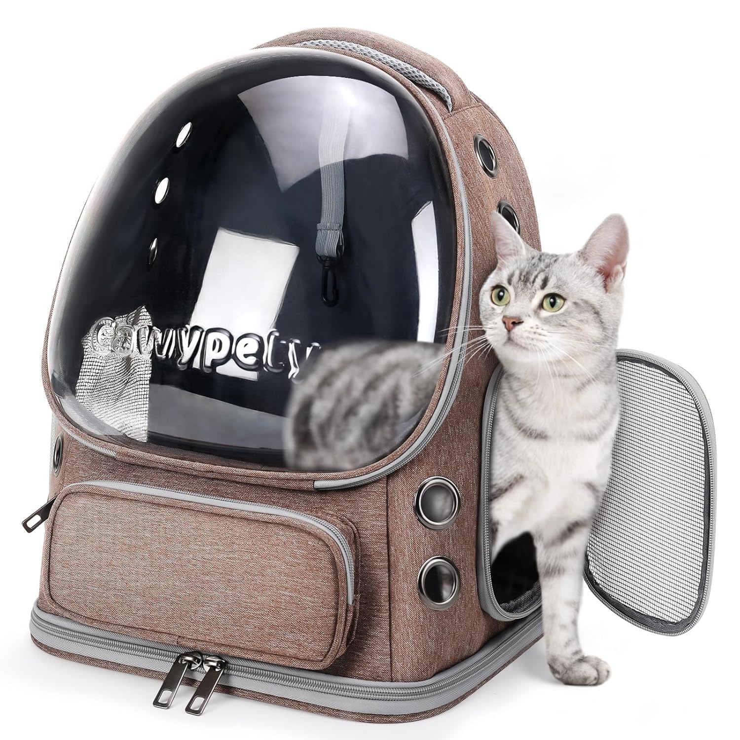 Cawypety Expandable Cat Backpack,Cat Bubble Backpack Carrier for Carrying Cats, Pets and Small Dogs,Airline-Approved,Designed for Travel, Hiking, Walking,Car (Khaki)