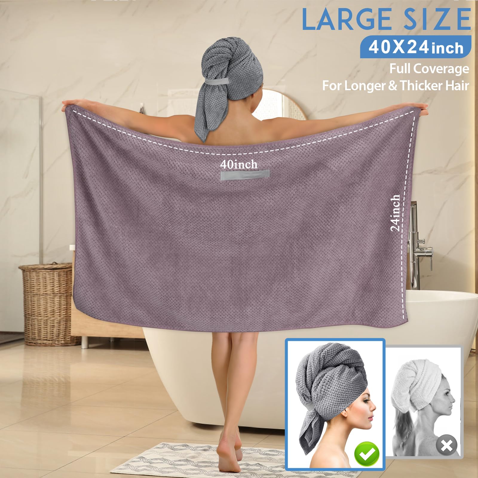Aiuuee 2 Stuks Grote Microvezel Haarhanddoek voor Dames, 100 x 60 cm Haarhanddoek voor Lang Haar met Elastische Band, Handdoeken Haardrogen voor Lang, Dik, Krullend Haar (Grijs en Paars