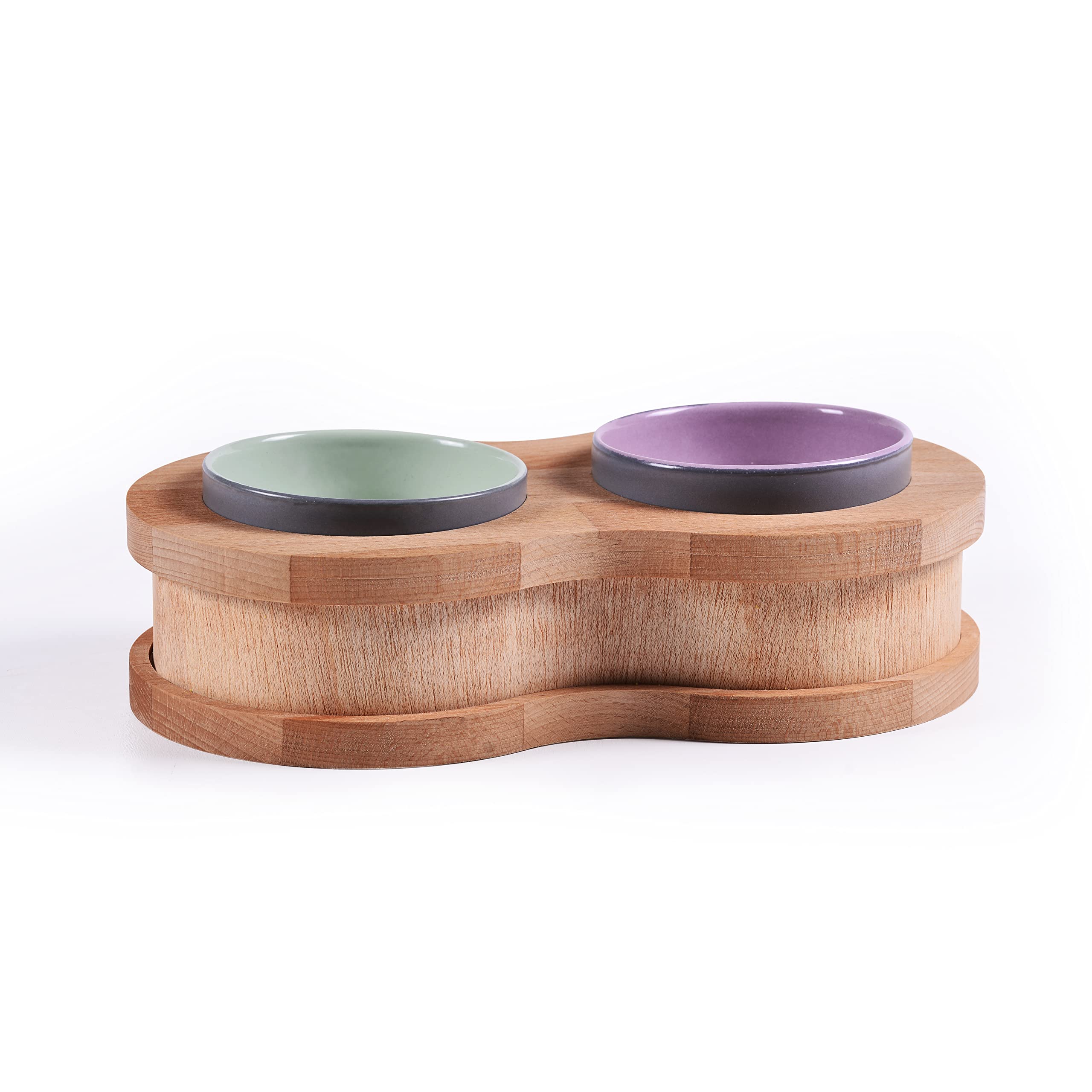 Lot de 2 gamelles en céramique avec support en bois pour chien et chat - Sans déversement - Pour nourriture et eau - Pour chats et petits chiens - Table à manger - Style clôture - Double gamelle