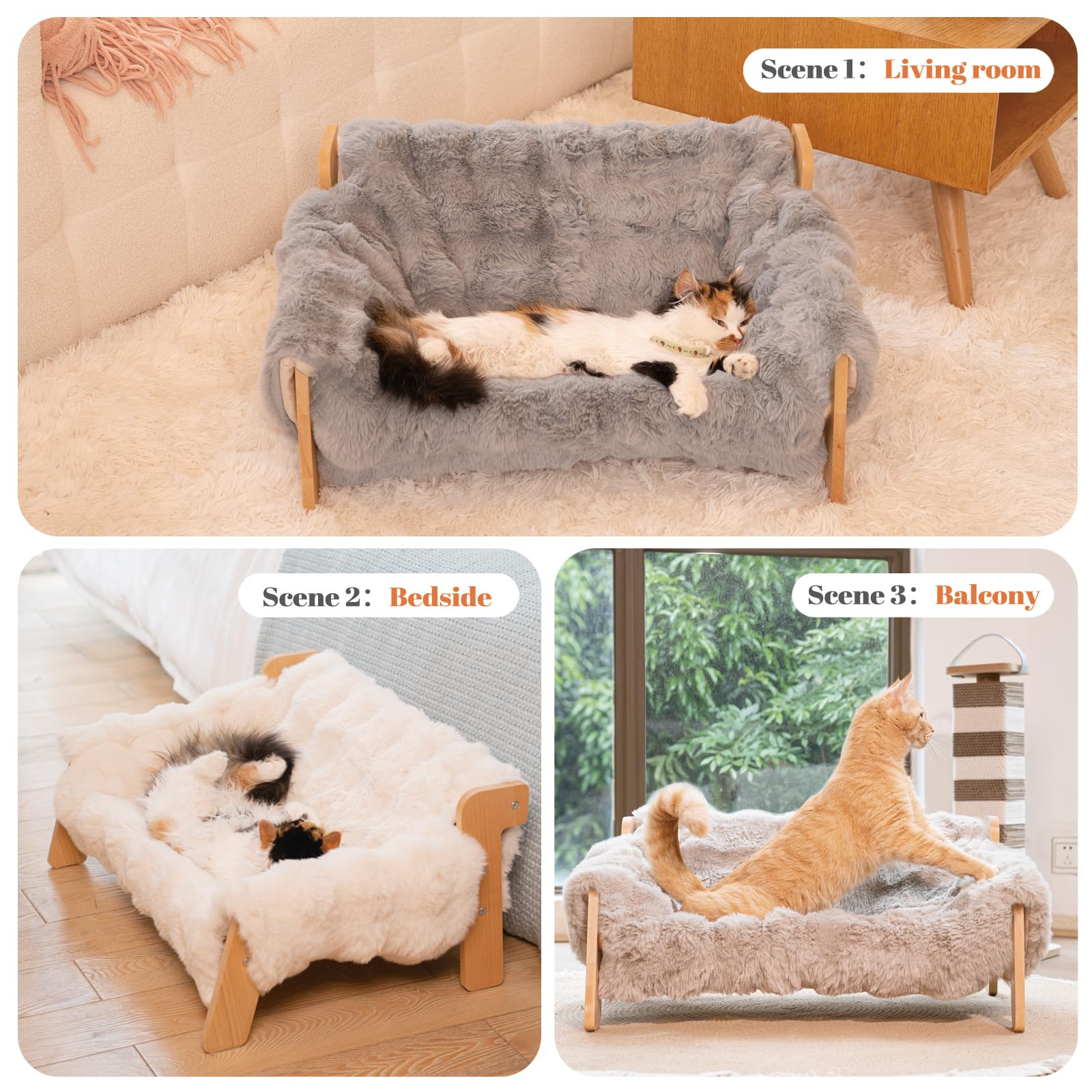 Cheerpals Amaca per gatti di grandi dimensioni – Lettino per gatti autoportante in legno di faggio contro il ribaltamento – Posto letto lavabile per interni e finestre – 70 x 47 x 30 cm, bianco/grigio