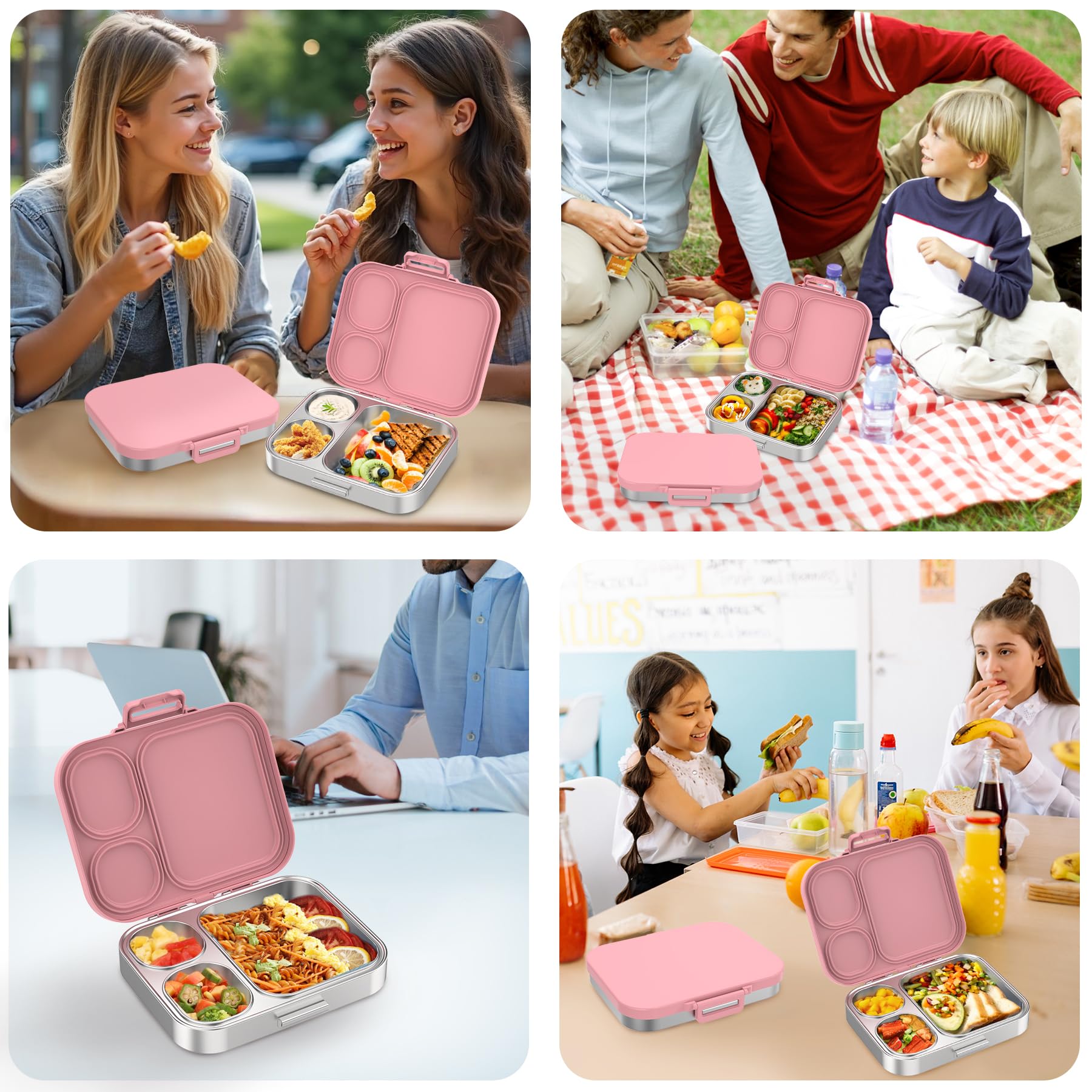 Pawtong Lonchera Bento de acero inoxidable para niños, contenedor de 3 compartimentos para niños, 100 % a prueba de fugas, apta para lavavajillas, ecológica, control perfecto de porciones para comidas