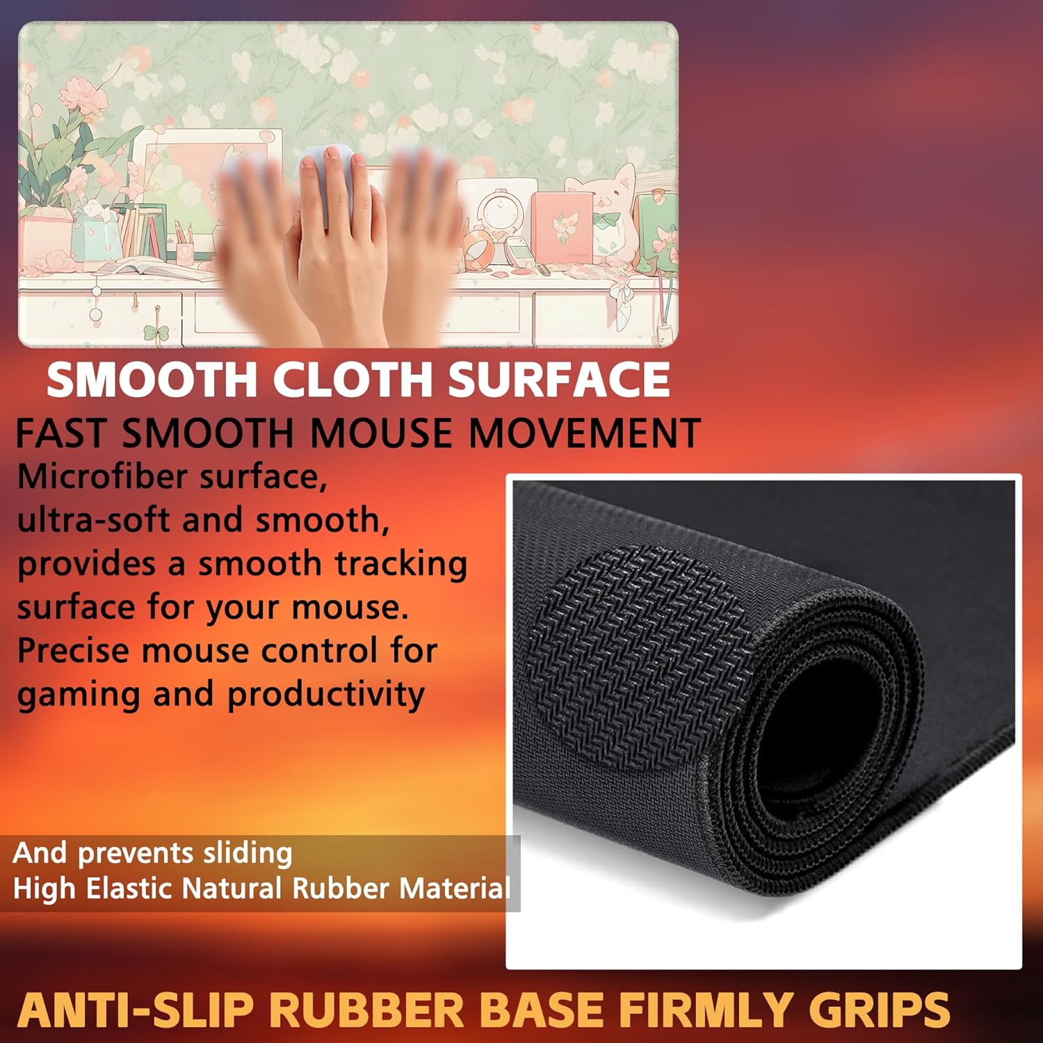 Desk Pad, Kawaii Anime Style Desk Mat, Green Cute Desktop Large Gaming Mouse Pad for Desk, 31.5"x15.7" Extended Big Computer Keyboard Mouse Pad with Non-Slip Base and Stitched Edge - Image 3