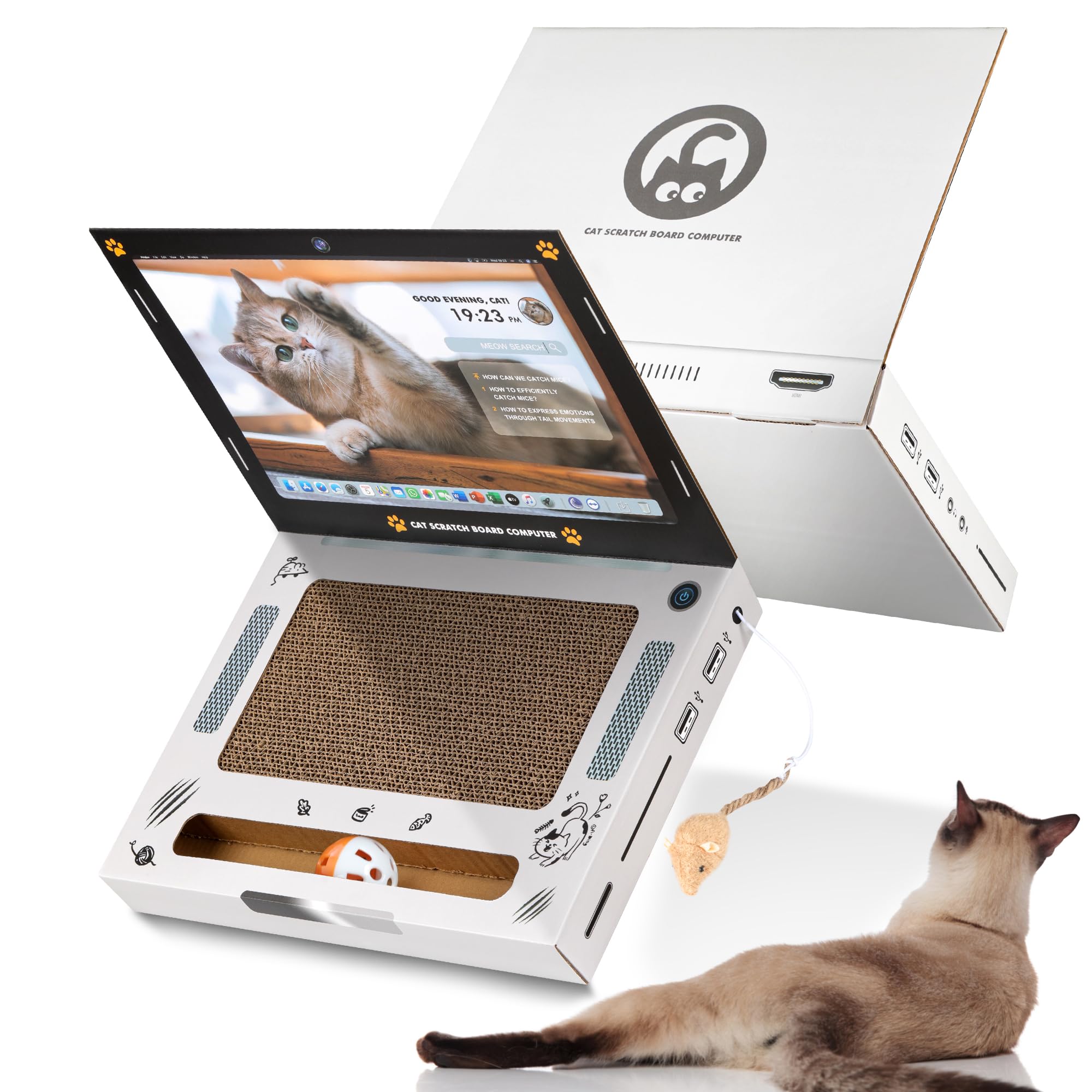 Scratching Pad Laptop Interactive Toy, 3-in-1 Cardboard Cat Toy, Unique Gifts, Accessories Essentials, Funny Carboard Laptop & Computer TV Scratcher for Indoor Cats, Grey