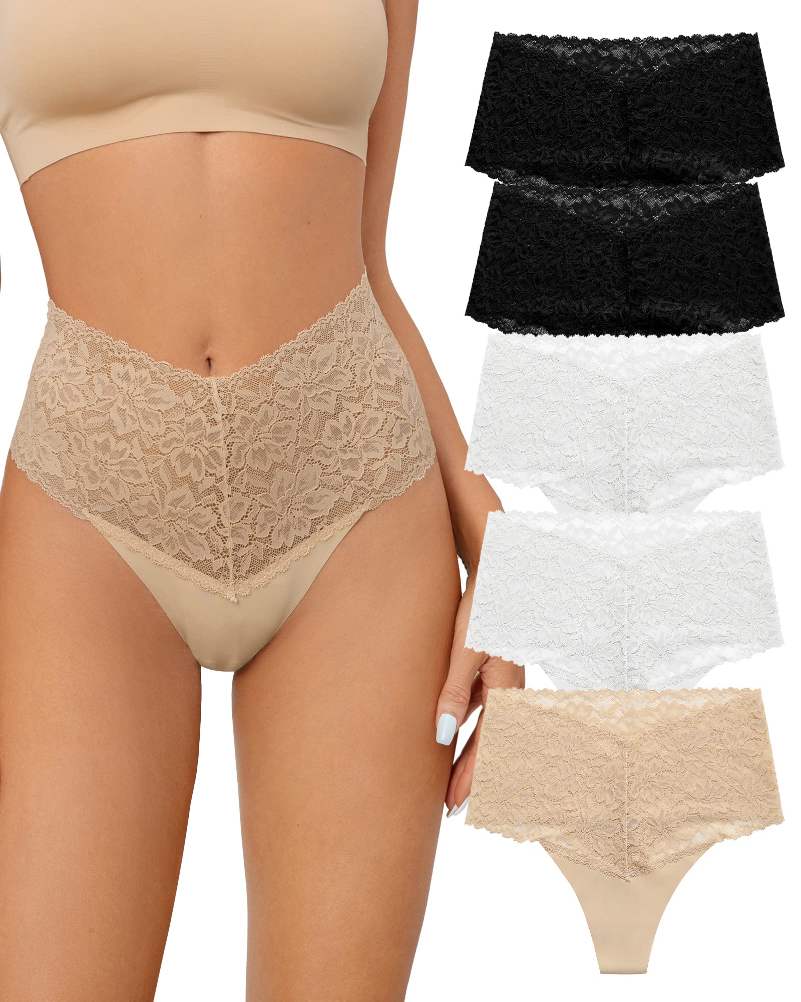 SHARICCA Women Seamless High Waist Underwear Sexy Floral Lace Thong Soft Comfortable Panties Pack: Large 2black 2white 1skin