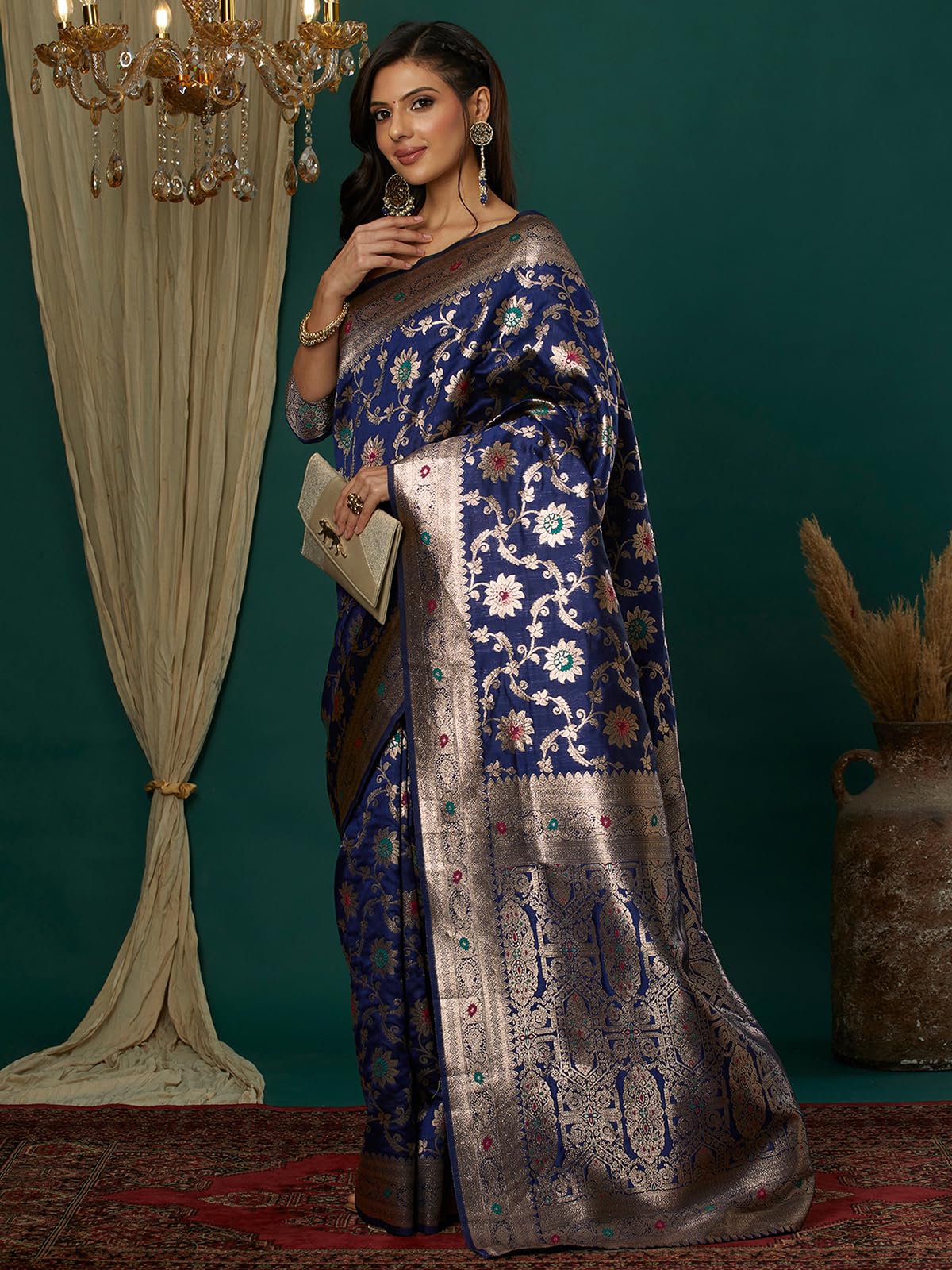 Satrani Women's Silk Blend Weaving Banarasi Saree With Unstitched Blouse Piece (4106S752N_Navy Blue1)