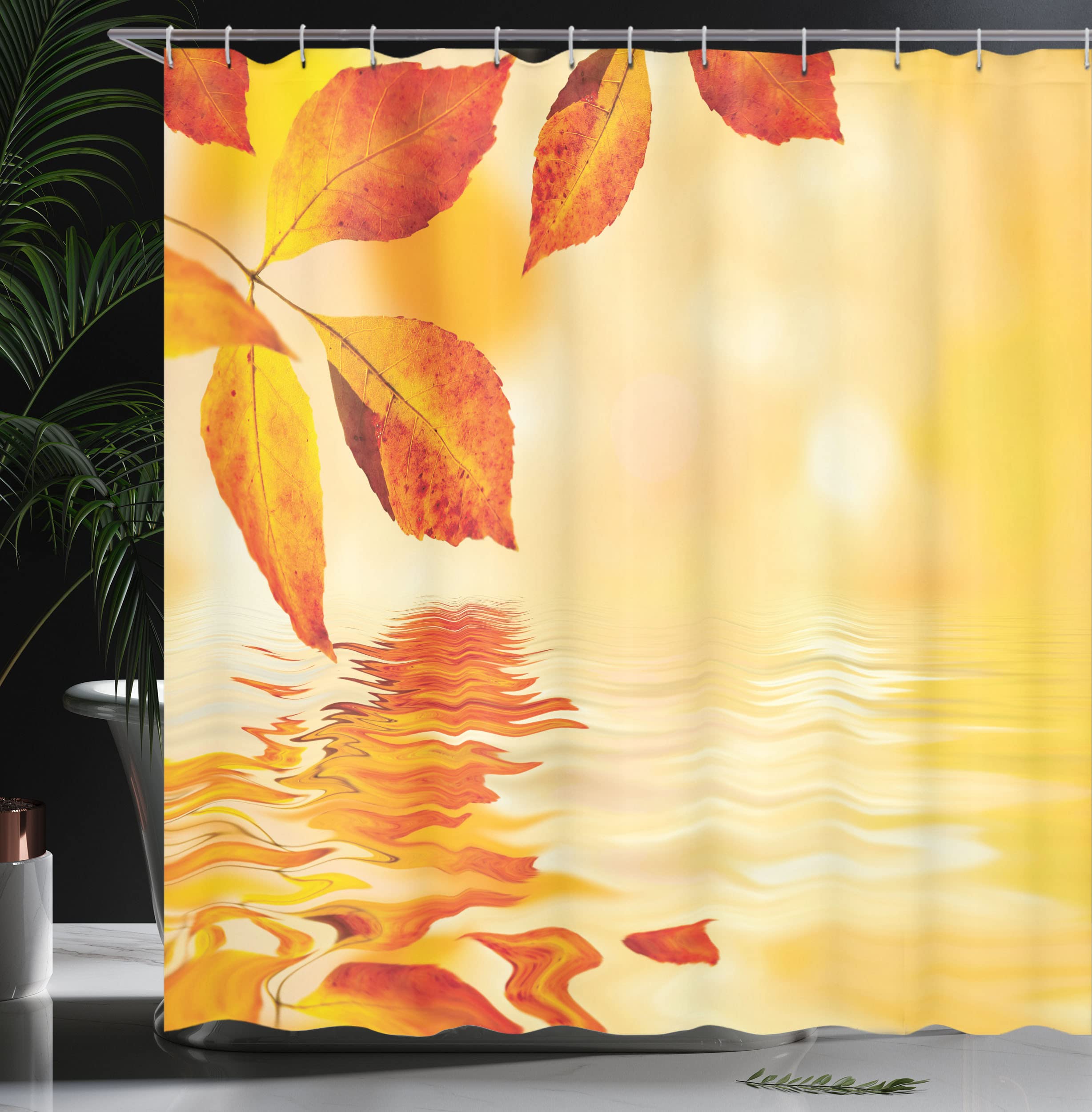 ABAKUHAUS Orange Shower Curtain, Autumn Maple Leaves Shadow on the Water Mystic Sun Image - Image 3