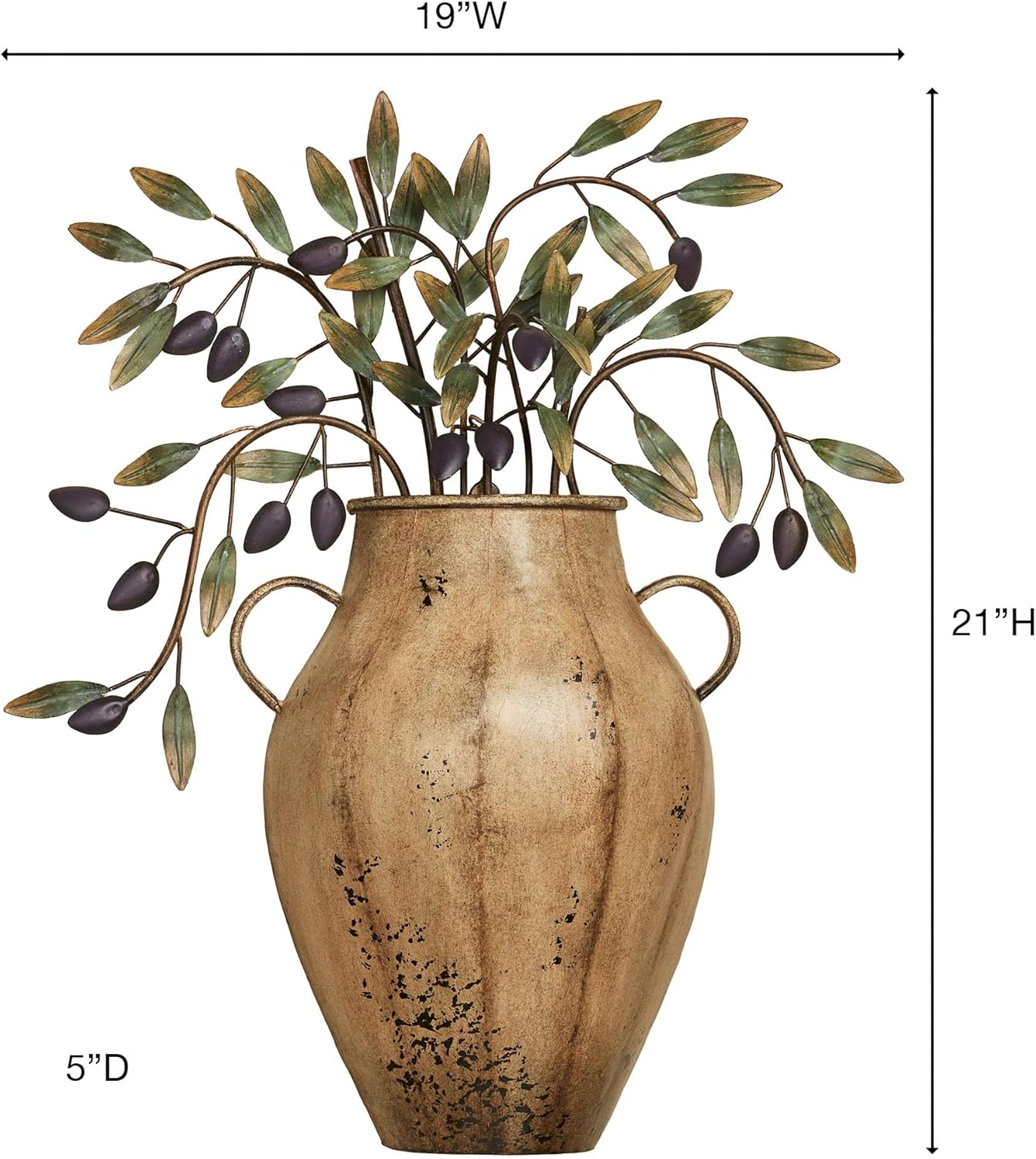 Vaso con Olives Metal Wall Sculpture | Old World Style Urn Pot with Fruited Branches, Black Olives, and Green Leaves | Dimensional Metal Wall Art | Italian, Tuscan Charming Wall Decor