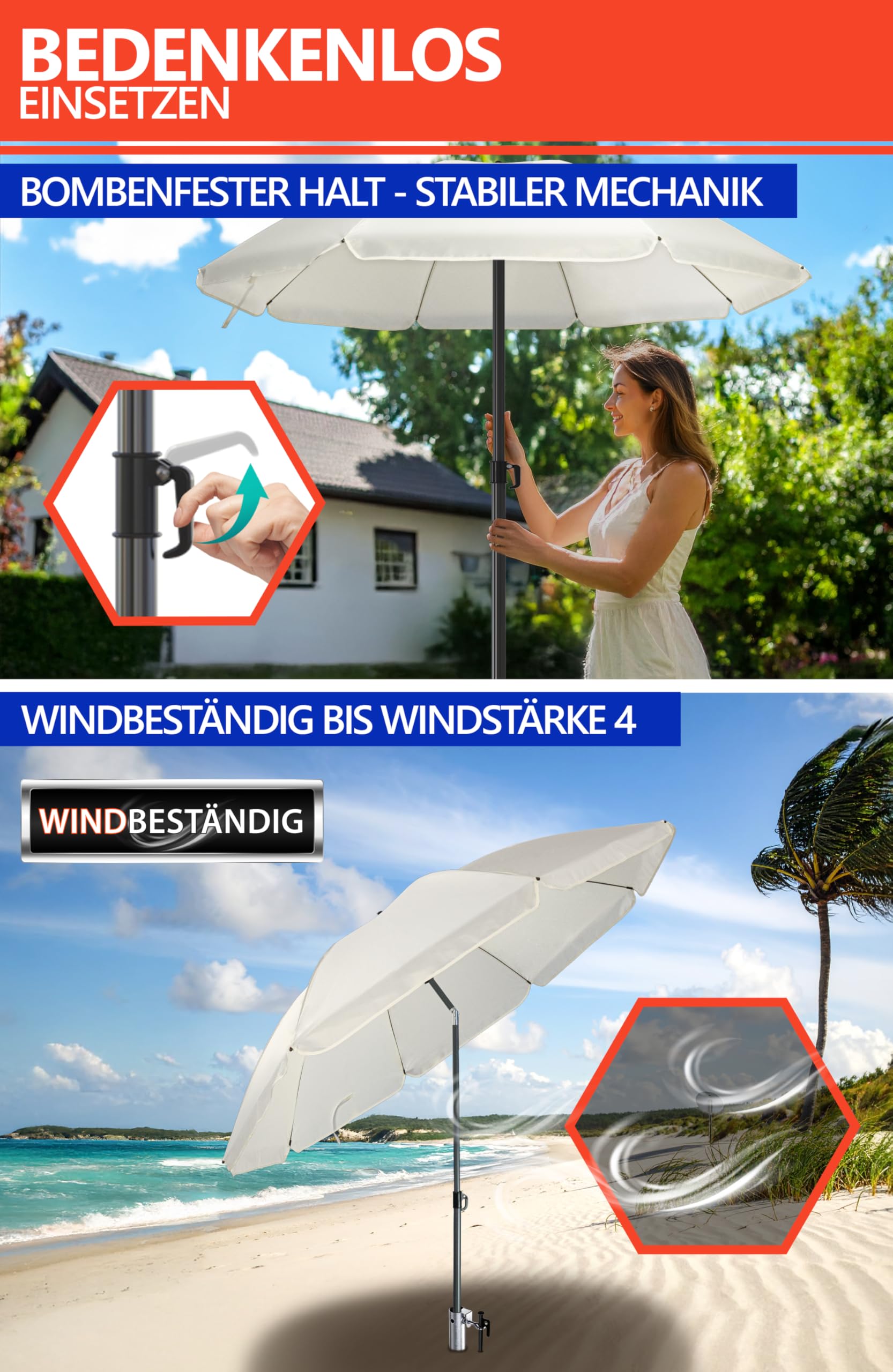 4smile Sonnenschirm Strand Set 3-in-1 Ø 180 cm Windfest UV Schutz 50+ Beige