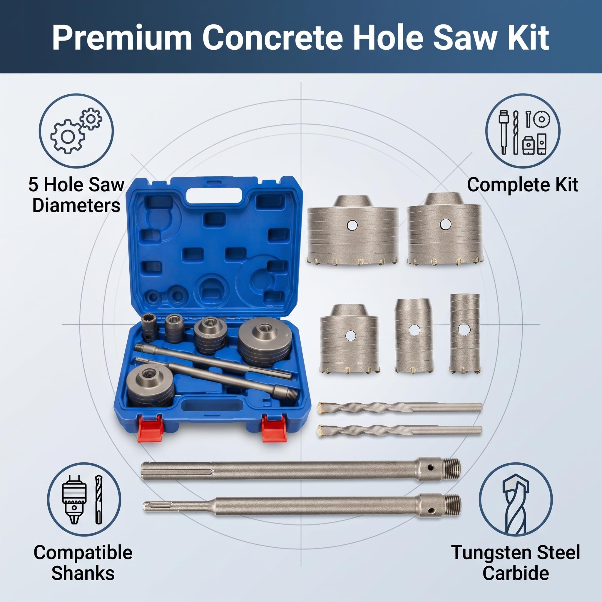 Kernbohrer Bohrkronen Set 9 Stück, Beton-Lochsägen-Bohrer-Set mit Schaft, 30 mm, 40 mm, 65 mm, 80 mm, 100 mm für Stein, Ziegel und Betonwände
