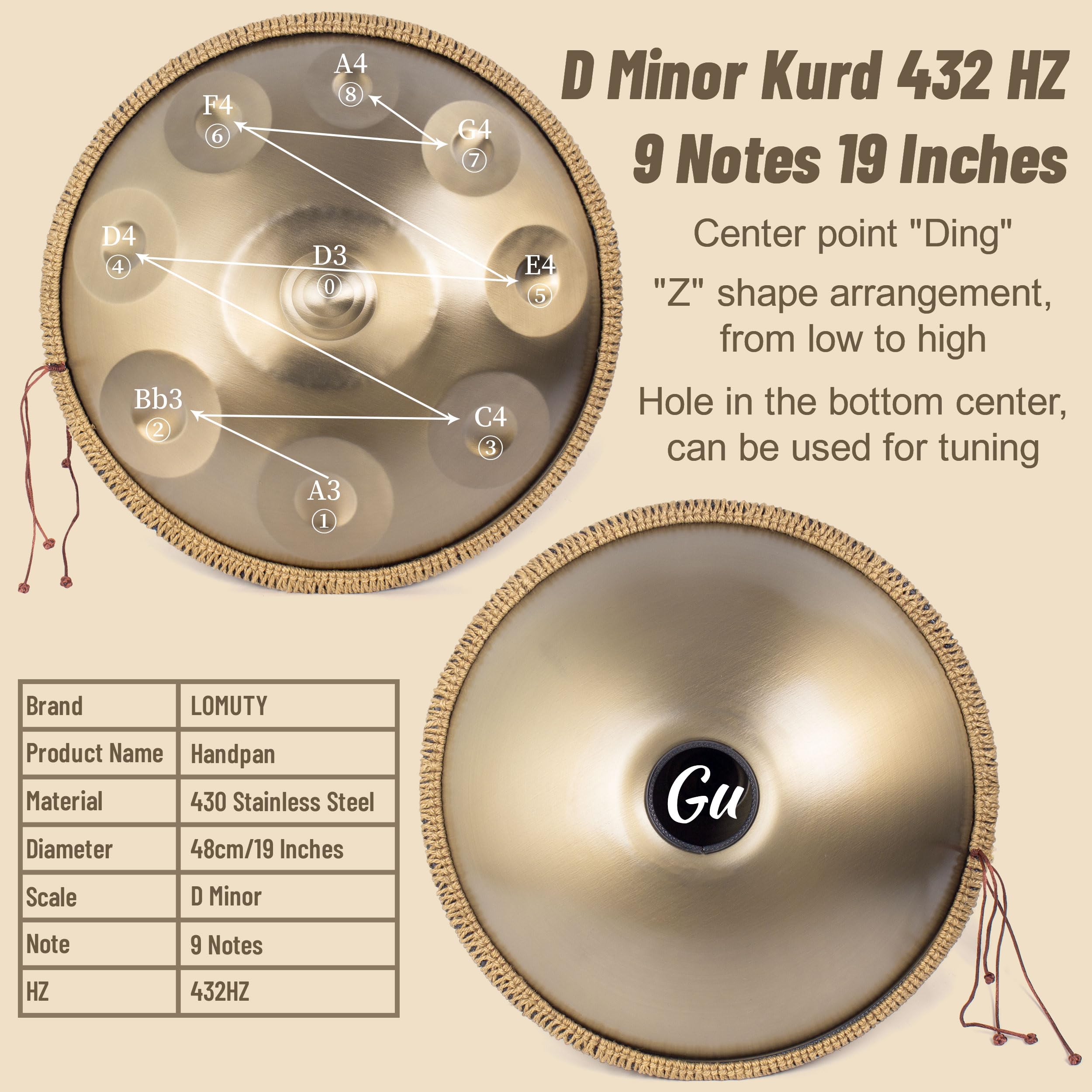 Handpan 432 HZ Avanzato/Principiante, Hand Pan 9 Note 19 Pollici, Tamburo-Acciaio in D Minore, Tamburo a Mano con Borsa per Trasporto e Supporto, Steel Drum per Sound Healing, Meditazione, Oro