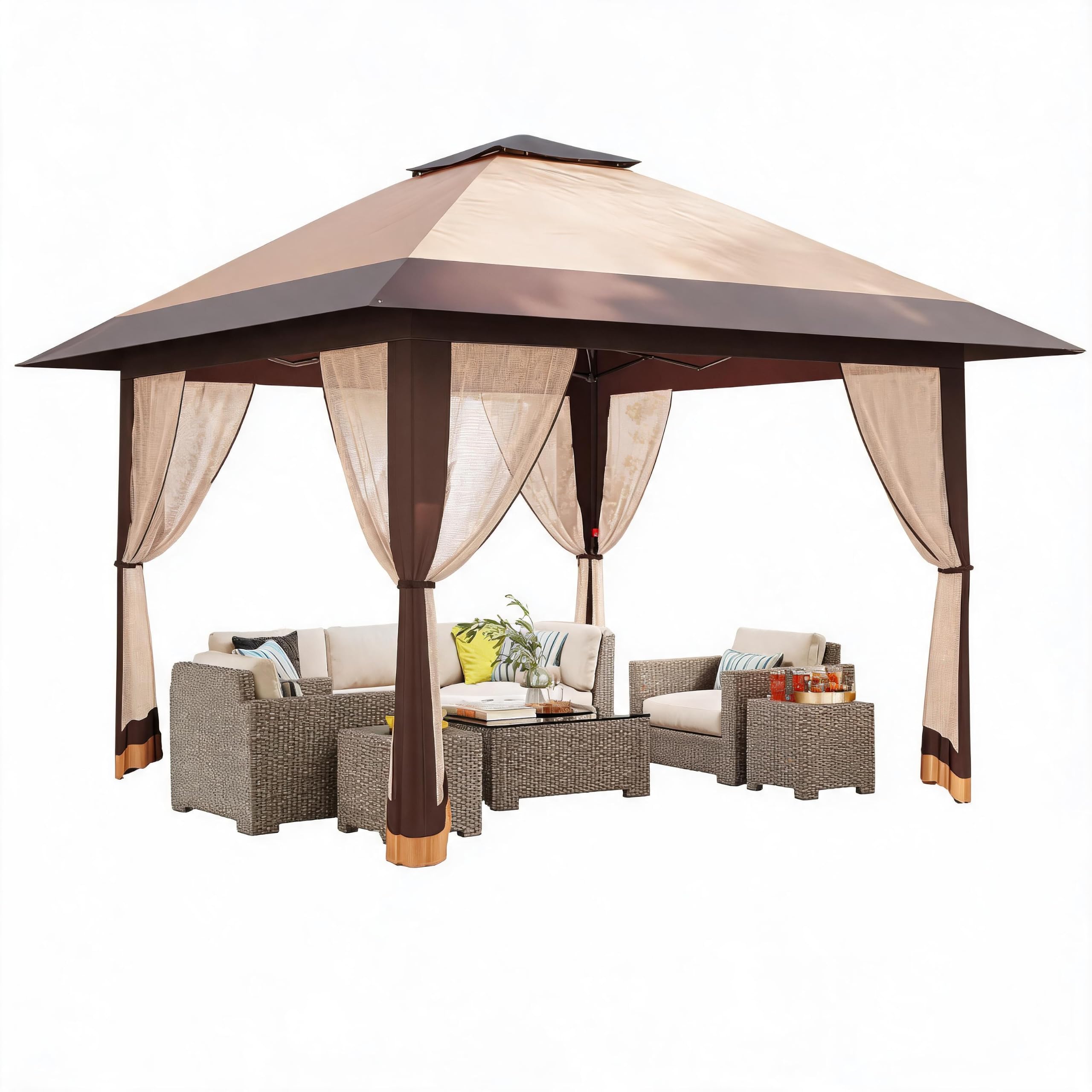 Gazebo Pop-Up 13x13 ft Esterno Con Doppio Tetto Ventilato e Zanzariera Integrata, Altezza Regolabile, Impermeabile e Protetto UV, Adatto Per Feste, Barbecue, Patio e Prato