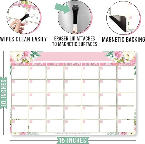 Miniatura 5 de Calendario magnético floral de borrado en seco para refrigerador y planificador de comidas magnético para refrigerador, calendario semanal de