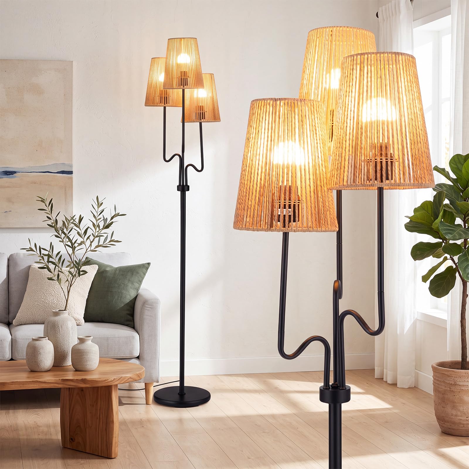 RELAX4LIFE Lampadaire sur Pied à 3 Lampes 175 CM avec Abat-Jours Tressés