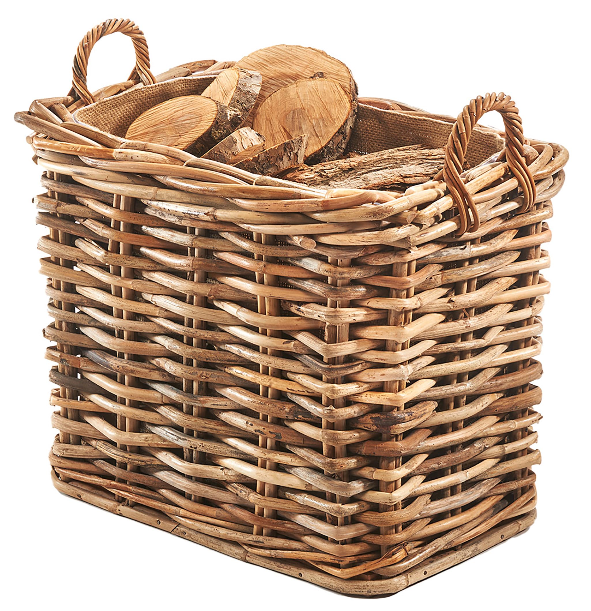 Kobolo Holzkorb aus Rattan mit Jutestoff 63x42x59 cm Braun