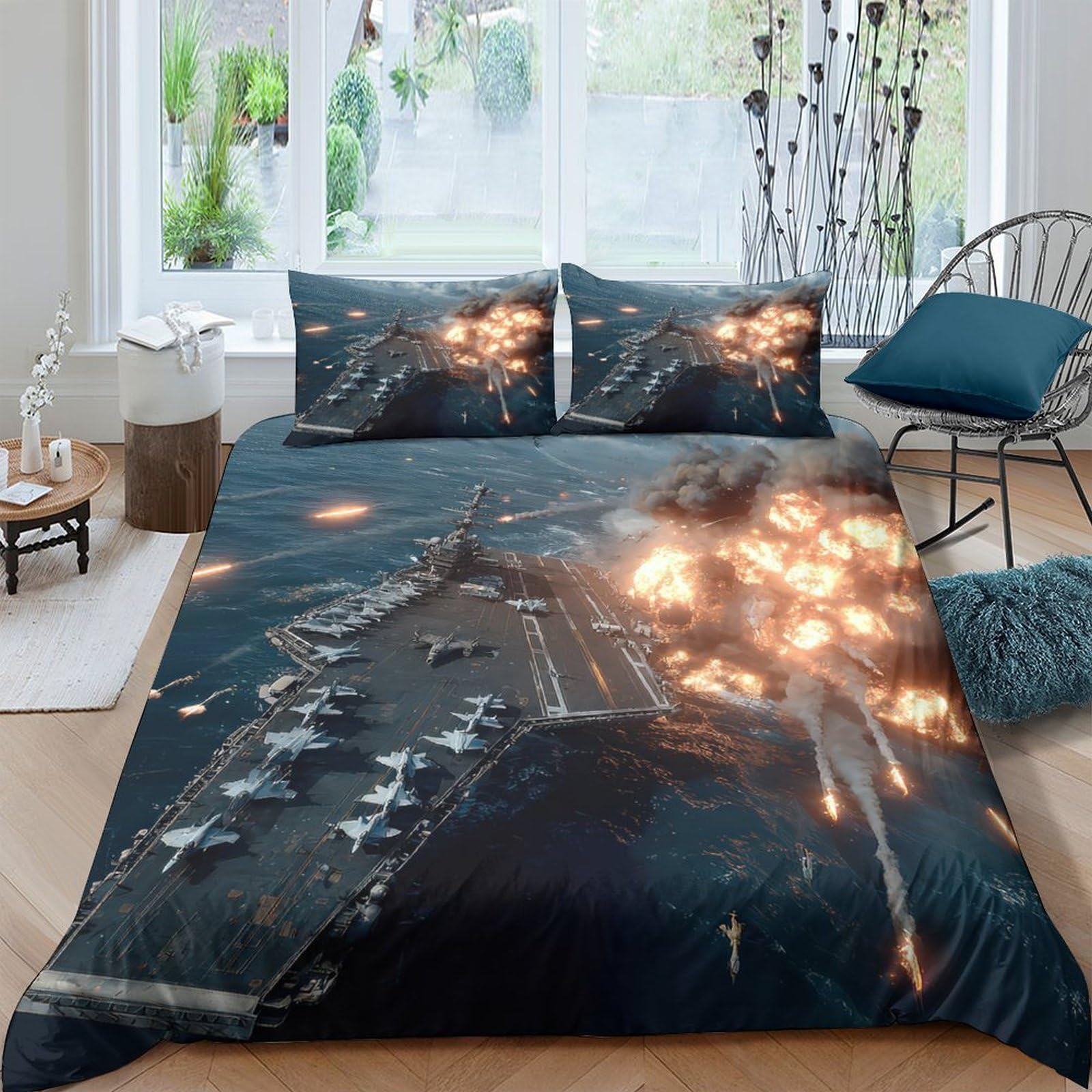 Ctjqhvkz Style-7 3D Printed Warship Battle Fitted Sheet Microfiber Soft Breathable Explosion Scene Bed Cover For Bedroom Dorm Decor Single（135X200cm）