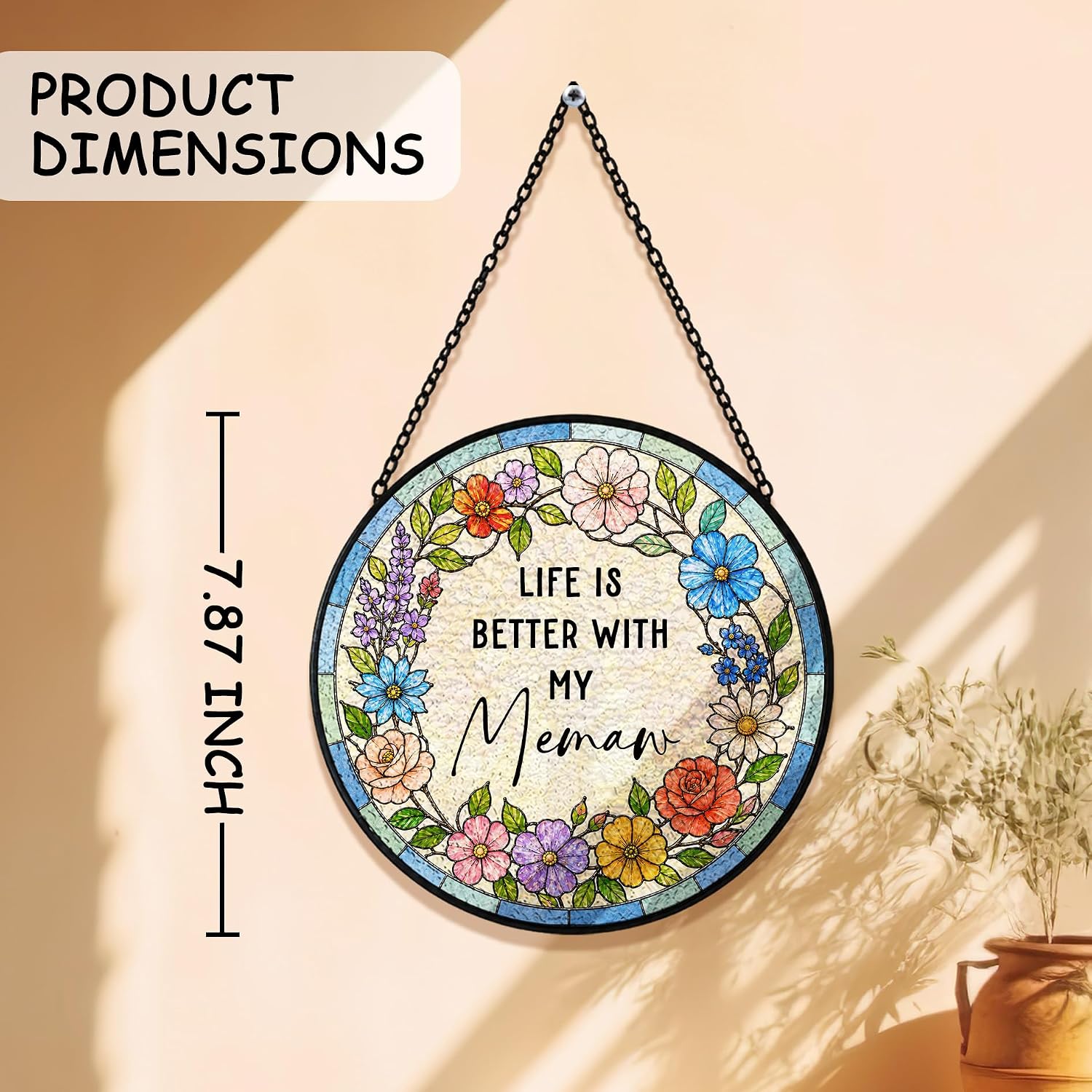 Memaw Gifts Stained Glass Suncatchers 7.9x7.9in, Grandma Gift from Grandkids Sun Catchers Indoor Window, Mothers Day Memaw Gifts Stained Glass Wall Hanging Decorations