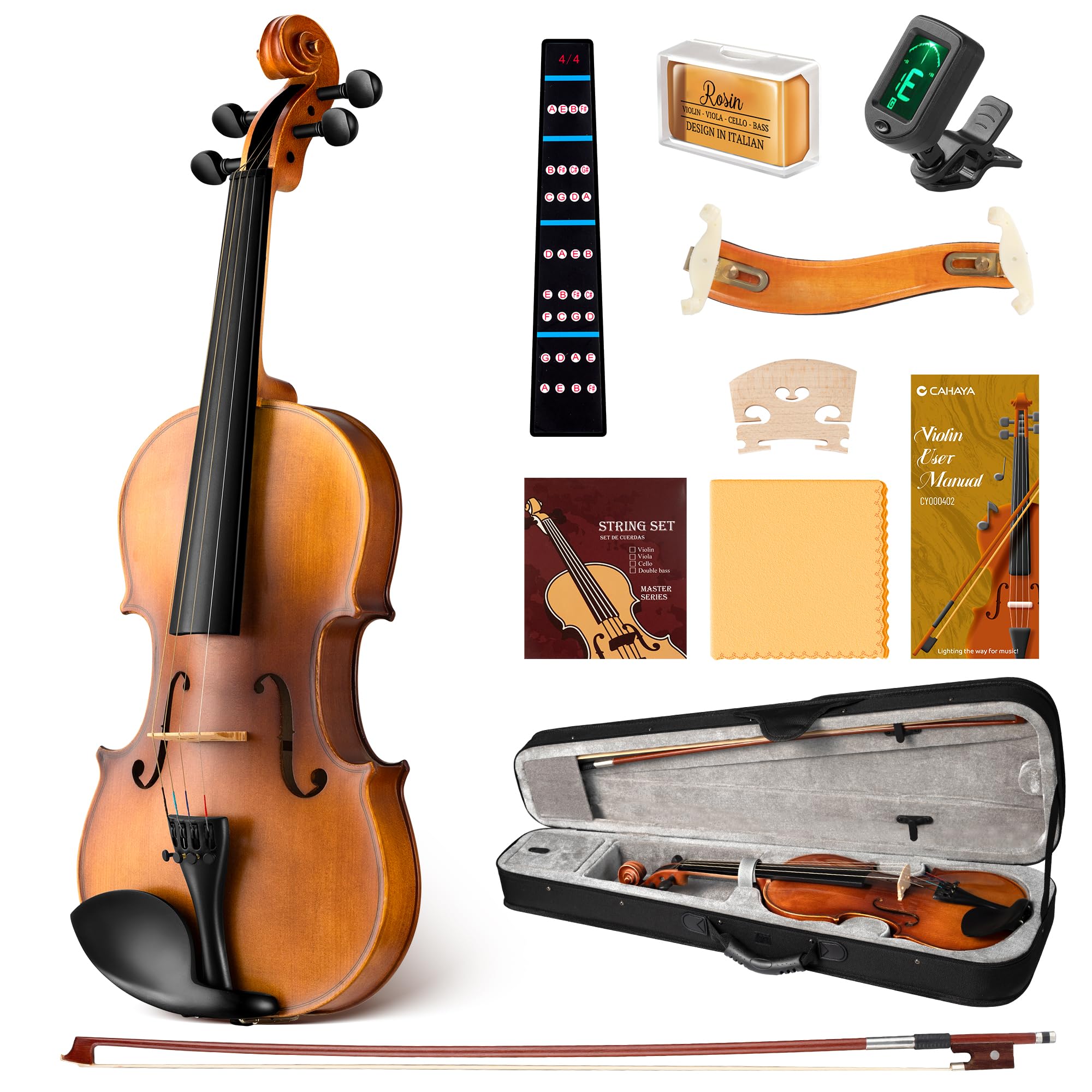 CAHAYA Violino 4/4 Full Size – Kit violino per principianti per studenti bambini adulti violino in legno massello completo con custodia rigida per violino e spalliera in legno