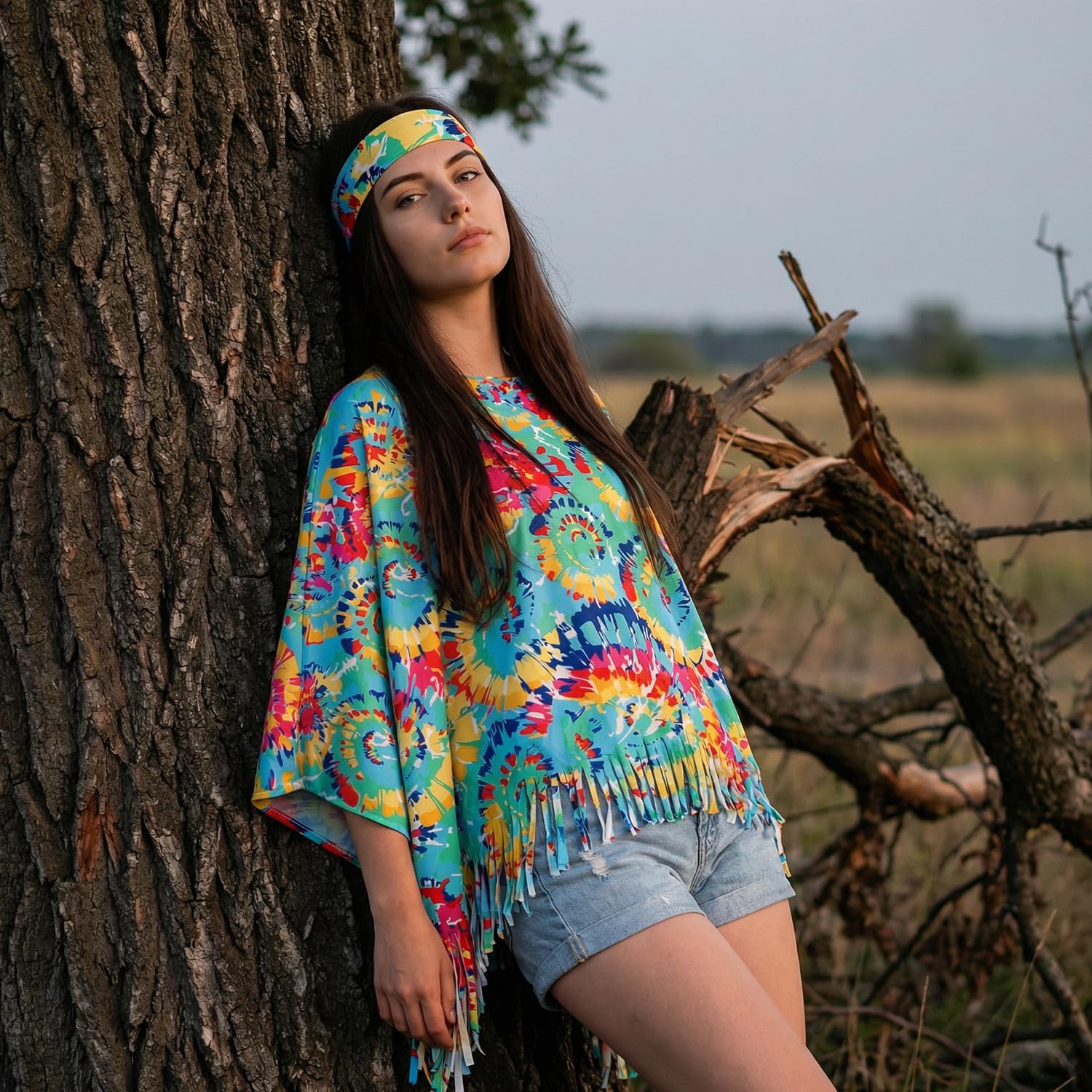 Alintor Hippie Kostüm Damen, 70er Jahre Outfit Damen, Flower Power Kleidung, Schlagermove Outfit, Faschingskostüme, Karneval