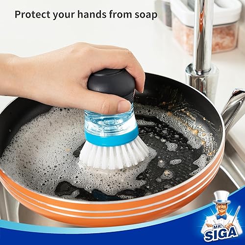 Miniatura 5 de MR.SIGA Cepillo dispensador de jabón, cepillo de cocina para limpiar platos, ollas, sartenes, fregaderos, paquete de 1, azul marino y azul