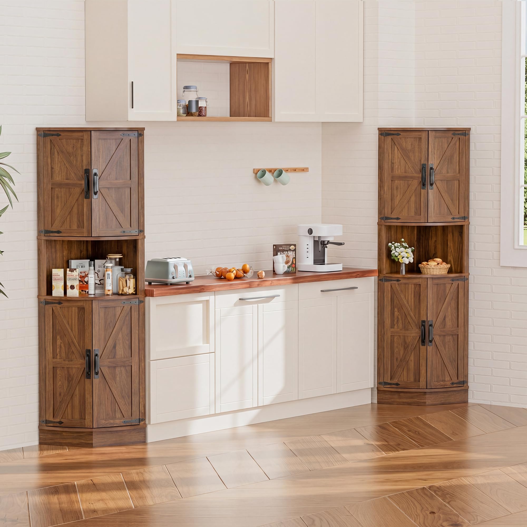 BonVache Armoire de cuisine haute, armoire d'angle, armoire de salle de bain étroite, étagère d'angle avec 4 portes et 5 étagères, 165 cm, en bois, pour cuisine, salon, salle à manger, noyer clair